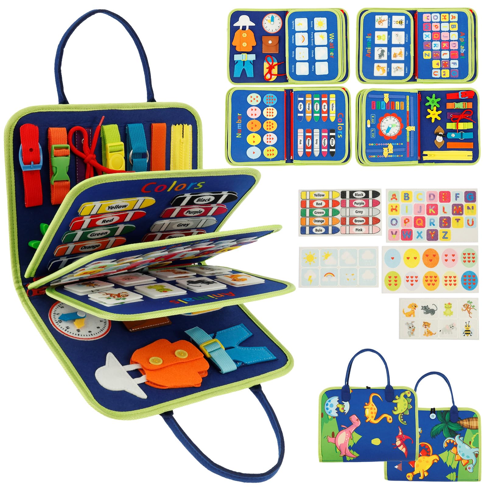 GWCYMYD Busy Book for Toddlers, Montessori Sensory Book with Handle, Early Development & Life Skills Felt Busy Board for 1 2 3 4 Year Old for Children Present (Blue)