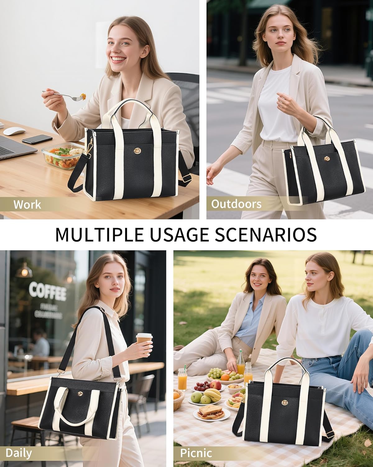 Jetviivid Lunch Tote Bag for Women, PU Leather Lunch Bag with Tablet Compartment for Work, Ladies Thermal Lunch Box for 13'' iPad Tablet, Leakproof Fashion Cooler Bag, Black - Image 7