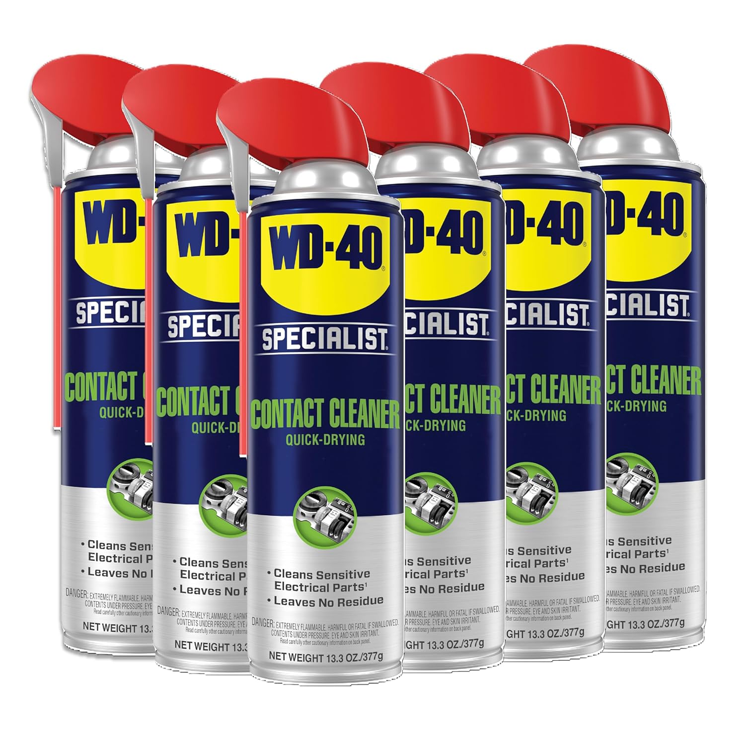WD-40 Specialist® Contact Cleaner for Metal, Plastic, Rubber, Electrical Contacts, Battery Terminals, Switches, Fast-Drying Cleaner for Terminals & Motors, Auto, Bigger Can, 13.3 OZ [6-Pack]