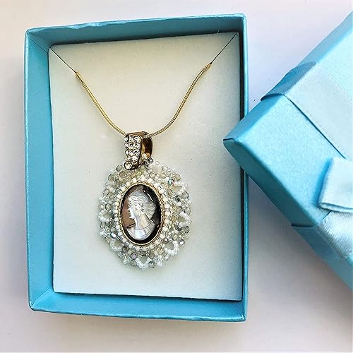 Miniatura 3 de Genuine Mother of Pearl Cameo Pendant Bridal Necklace Wedding Statement Beadwoven Jewelry Gold Filled Chain