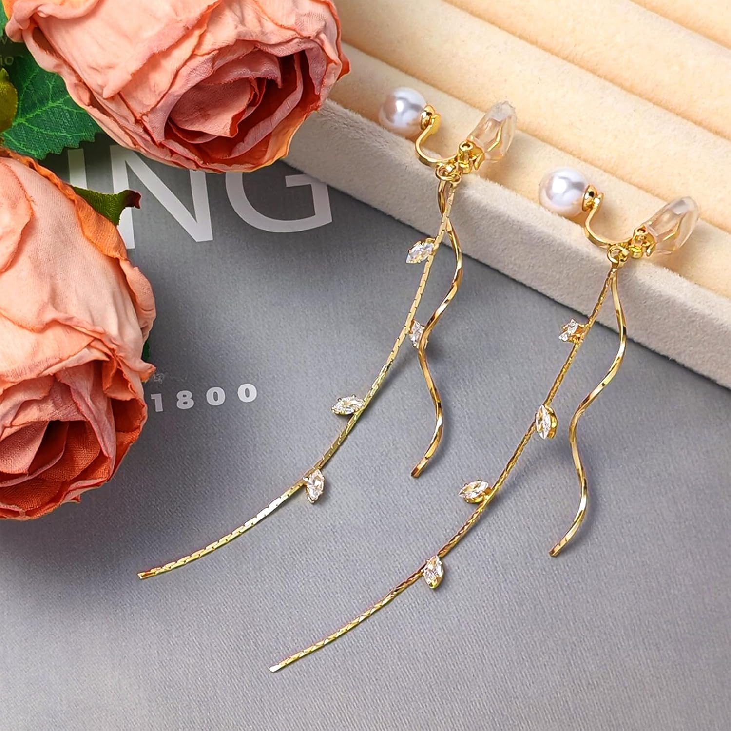 ASOQOLA Clip on Earrings Non Pierced for Women Long Dangle Drop Clip Earrings - Cubic Zirconia Leaf Earrings for Women Wedding Party Prom Jewelry Gifts - Image 4