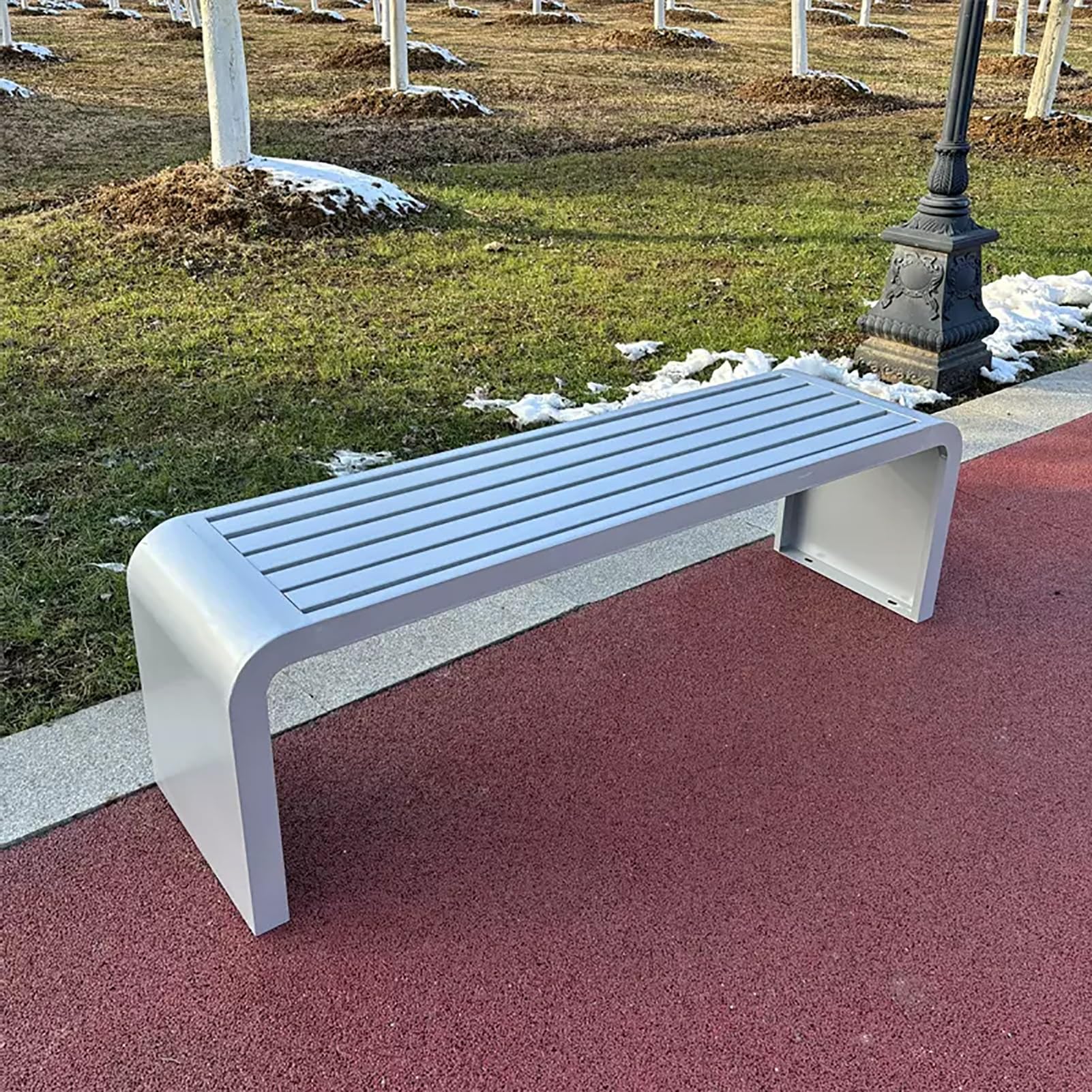 Banc de jardin extérieur en métal gris argenté de 100 cm sans dossier pour terrasse