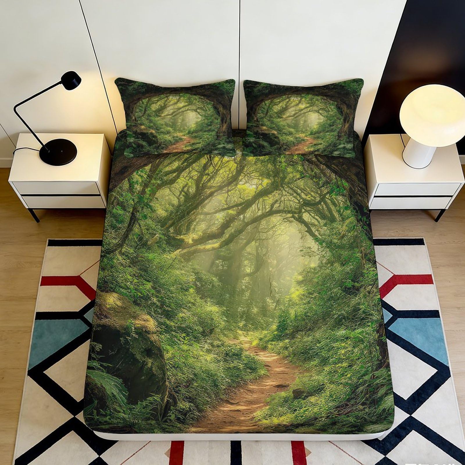 3D Printed Enchanted Forest Fitted Sheet Microfiber Soft Mossy Path Bed Cover for Bedroom Guest Room Decor 90x200x25cm