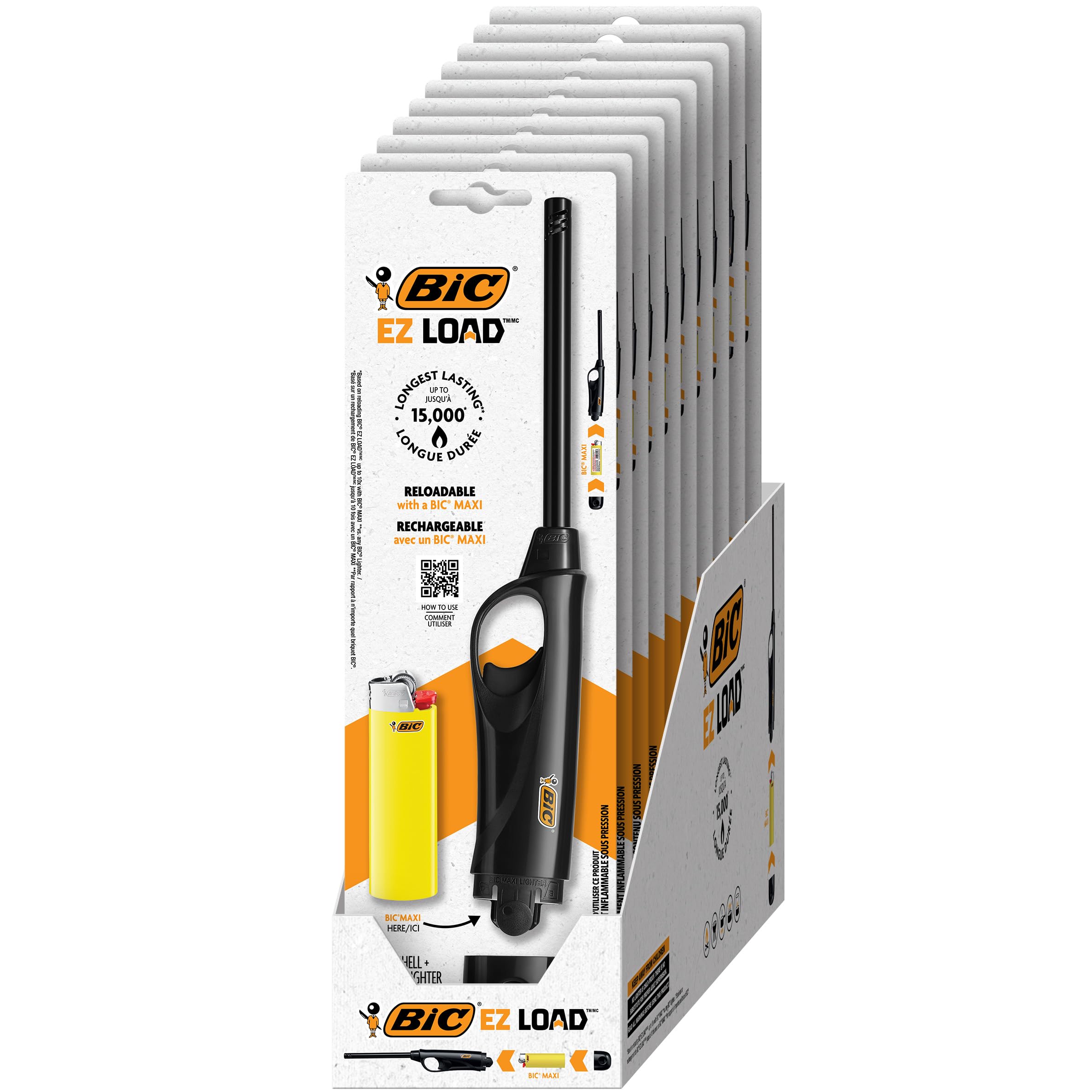 BICEZ Load Lighter, Reloadable Multi Purpose Lighter, Pack with 10 EZ Load Long Lighter Shell and 10 BIC Maxi Pocket Lighters, (Colors May Vary)