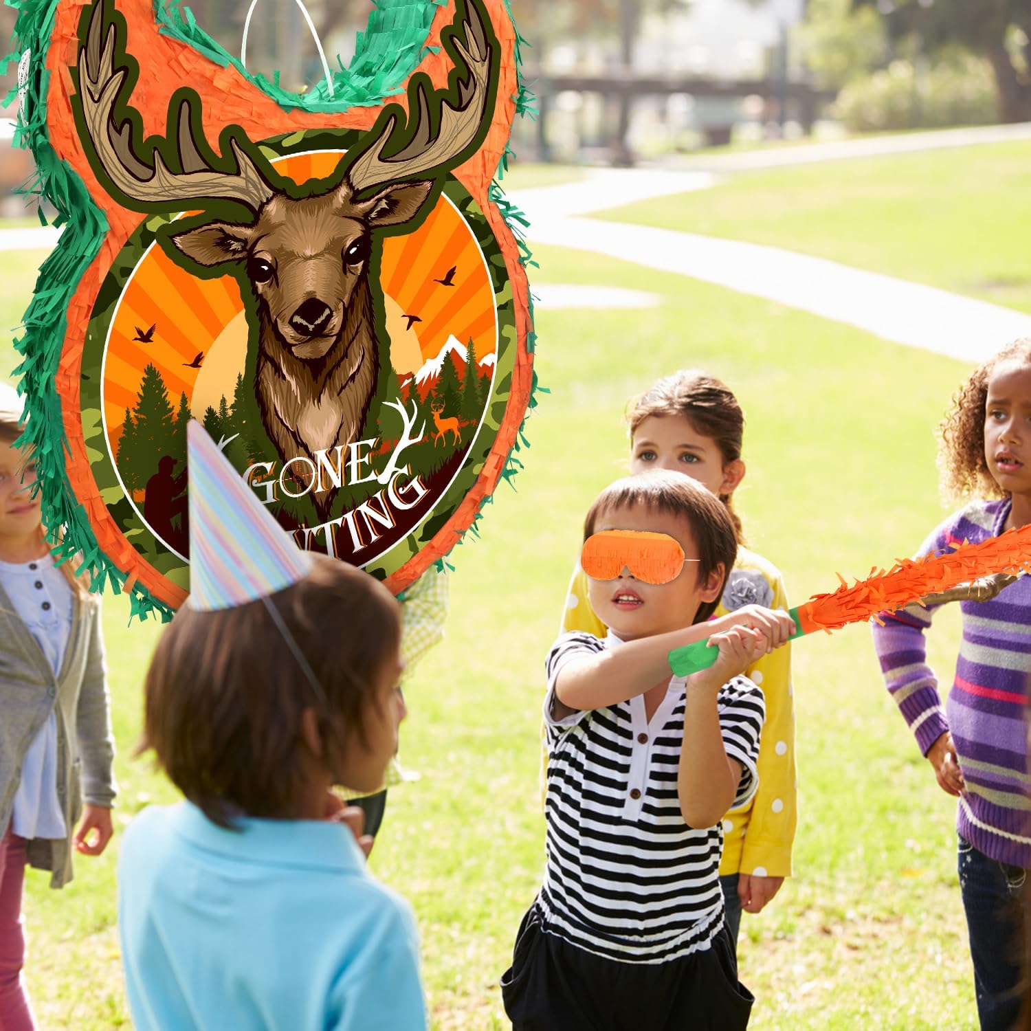 Hunting Birthday Party Decorations 3D 15.7 Inch Pinatas Colorful Pinata with Stick, Blindfold, Confetti, for Camo Theme Kids Girls Boys Birthday Baby Shower Party Supplies