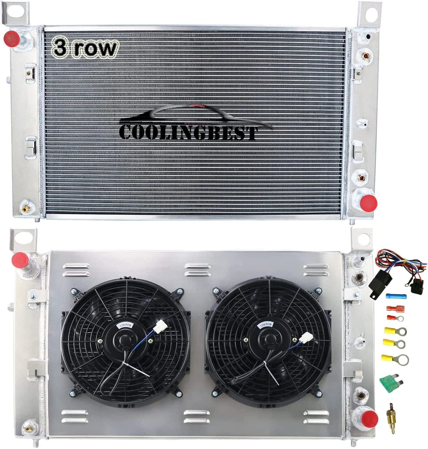 3 Row Aluminum Radiator for 1999-2013 Chevy GMC Silverado 1500 2500 Tahoe 4.8/5.3L V8, Crossflow Radiators Electric Fan Shroud Thermostat Kit Combo