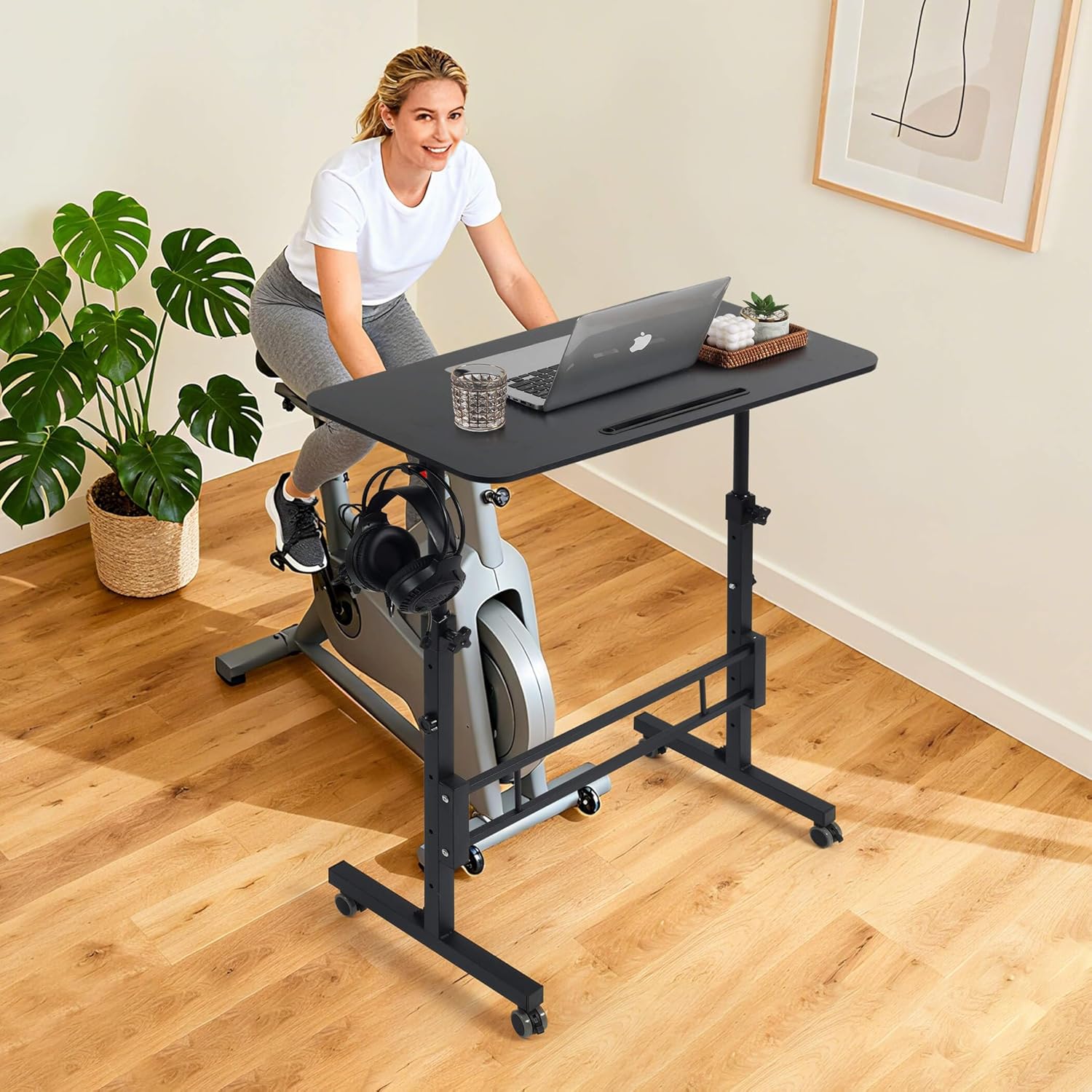 Standing Desk Adjustable Height, Rolling Walking Pad Desk, Small Mobile Table with Wheels, Portable Stand Up Table for Standing or Sitting, Size 31.5x15.7 Inch Black