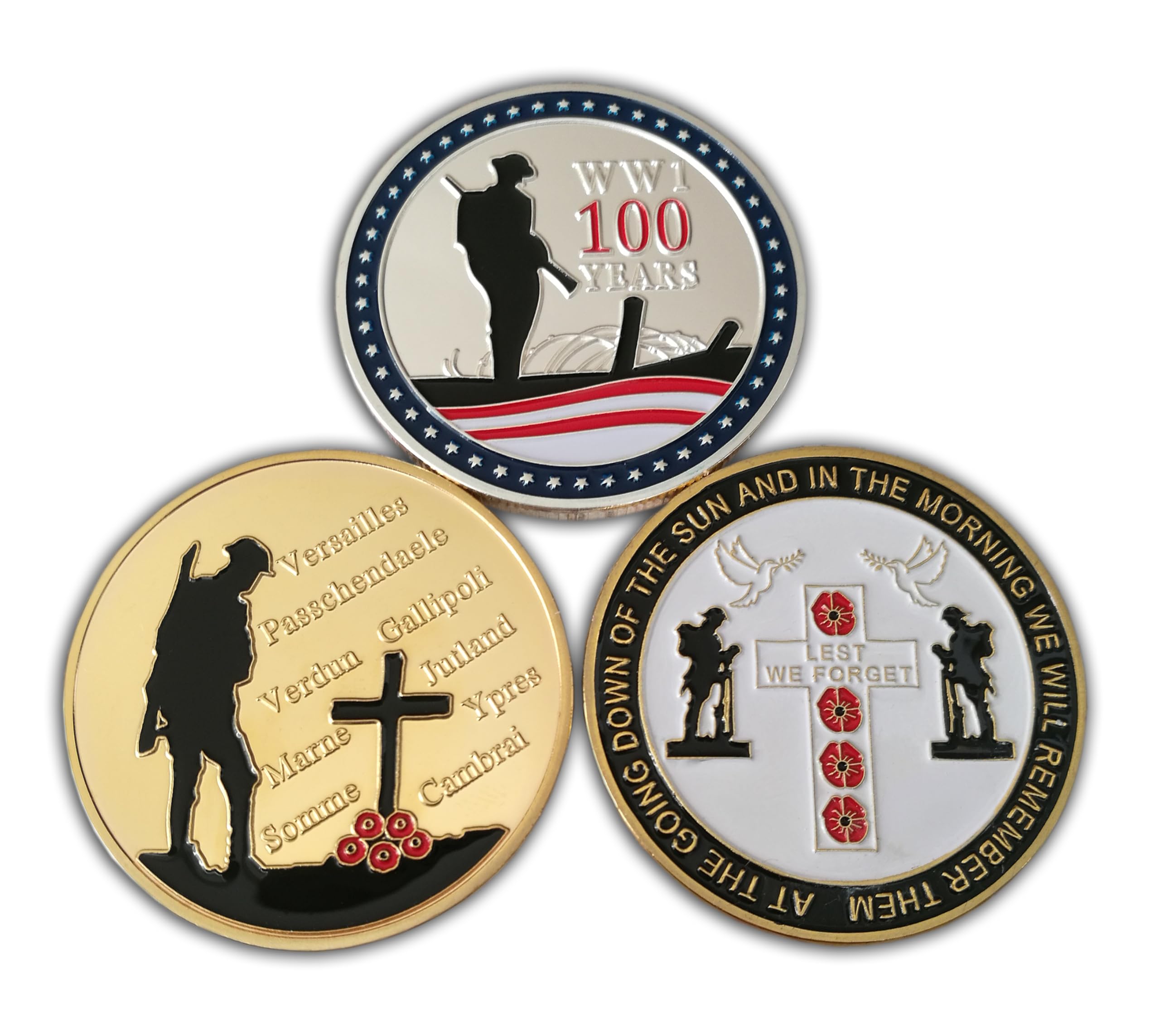 Eillwin Multicolor Wwi 100Th Anniversary Commemorative Coin Set - 3Pc Remembrance Collection, Lest We Forget Great War Souvenir