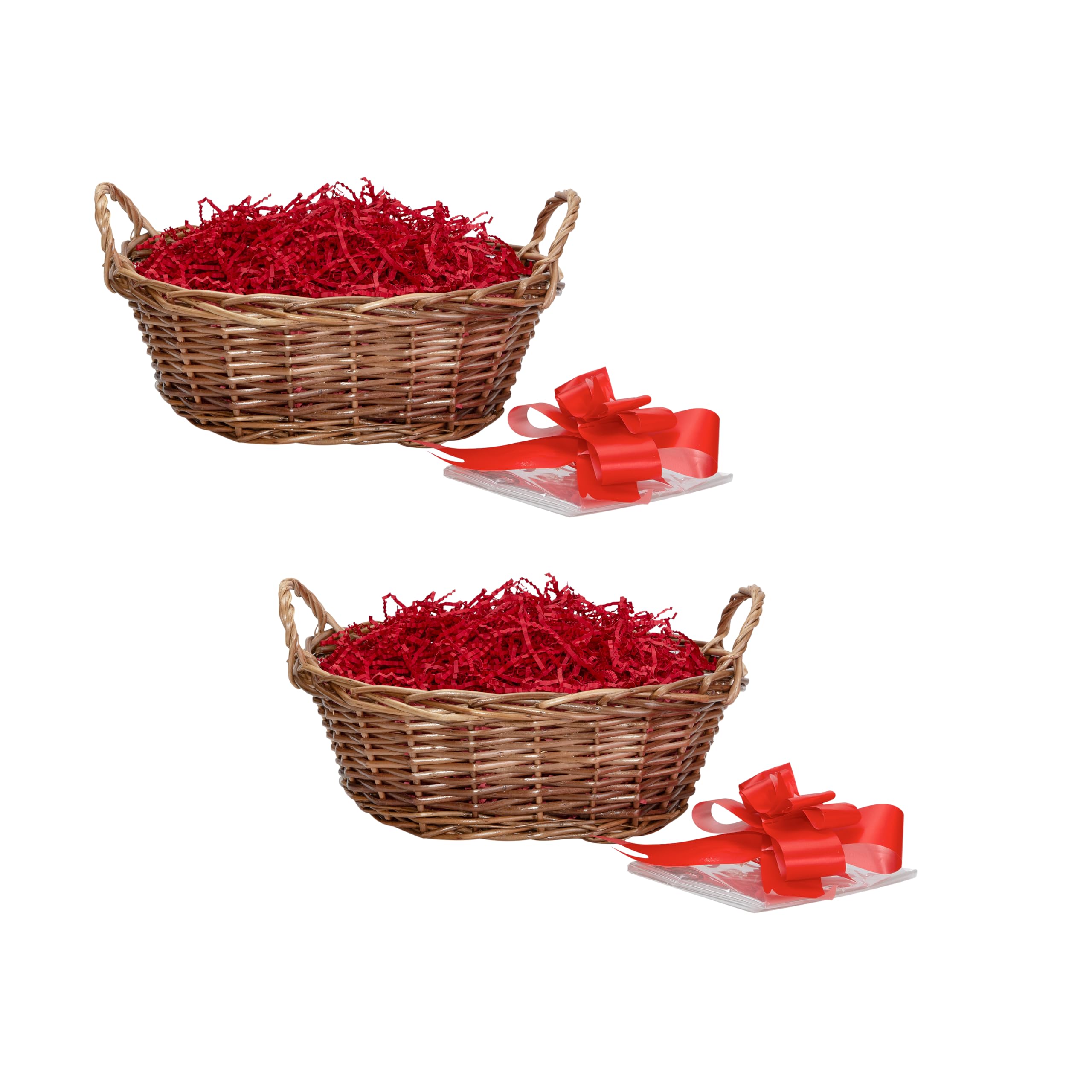 Wickerfield Set of 2 Handwoven Wicker Gift Baskets DIY Empty Hamper Kit for Christmas, Christening, Wedding, Birthday Gift (Brown Baskets, Red Fillings)