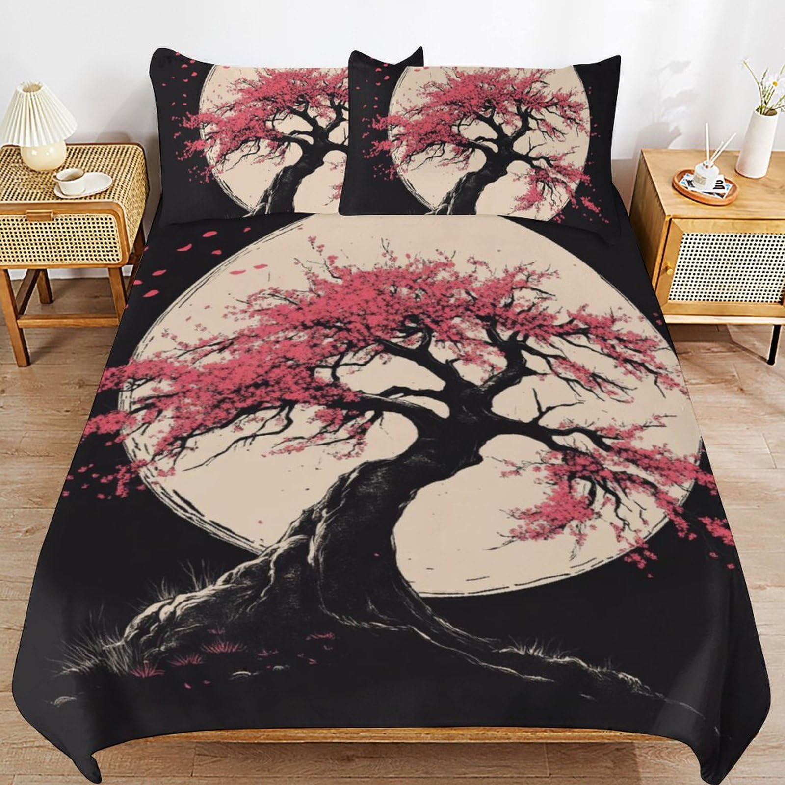 Parure de lit rose fleurs de prunier pour créer une ambiance cocooning dans votre chambre