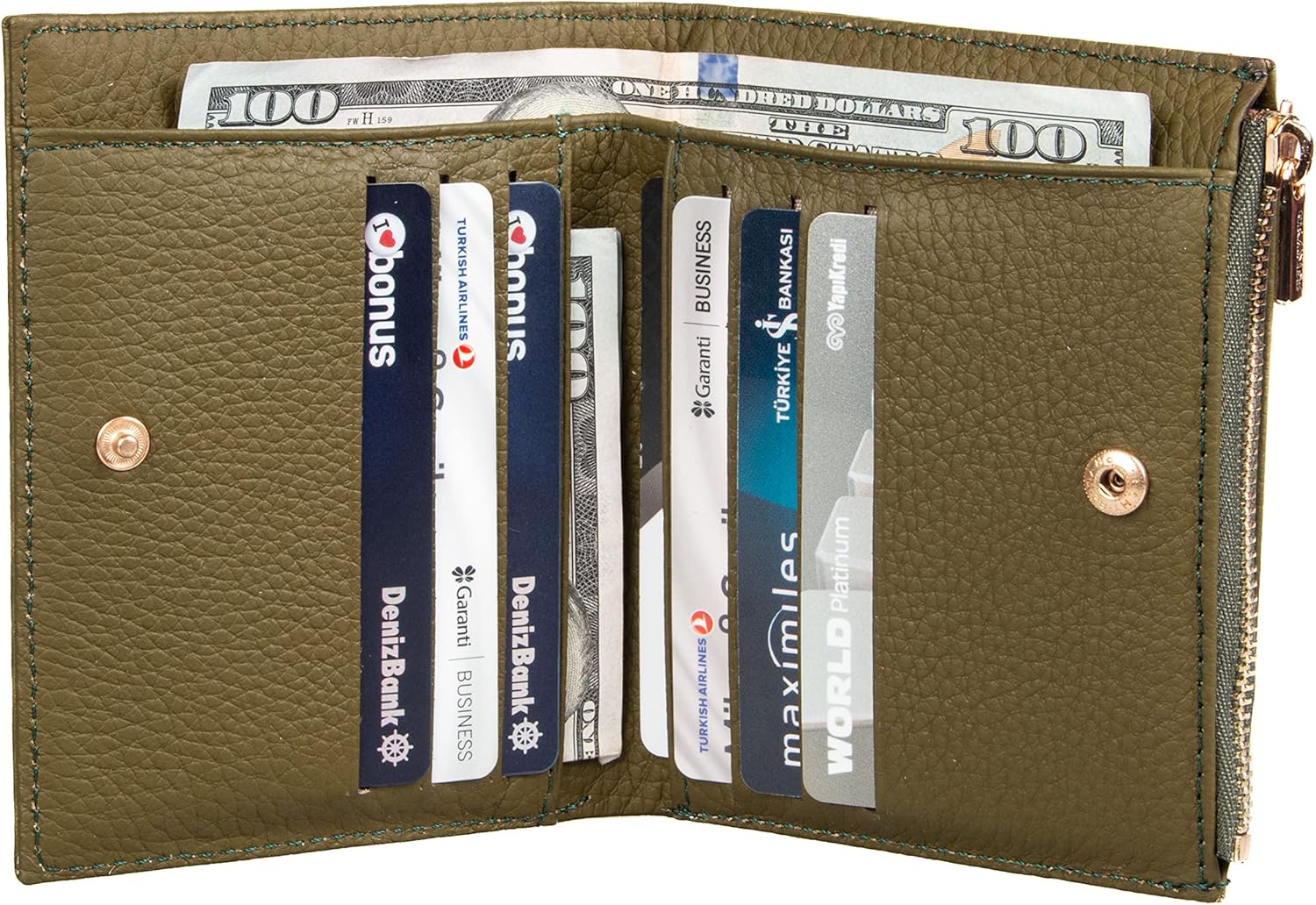 grande 2805 Genuine Leather Small Bifold Wallet For Women Minimalist Wallet Ladies Zippered Mini Purse Small Card Holder (Green) - Image 5