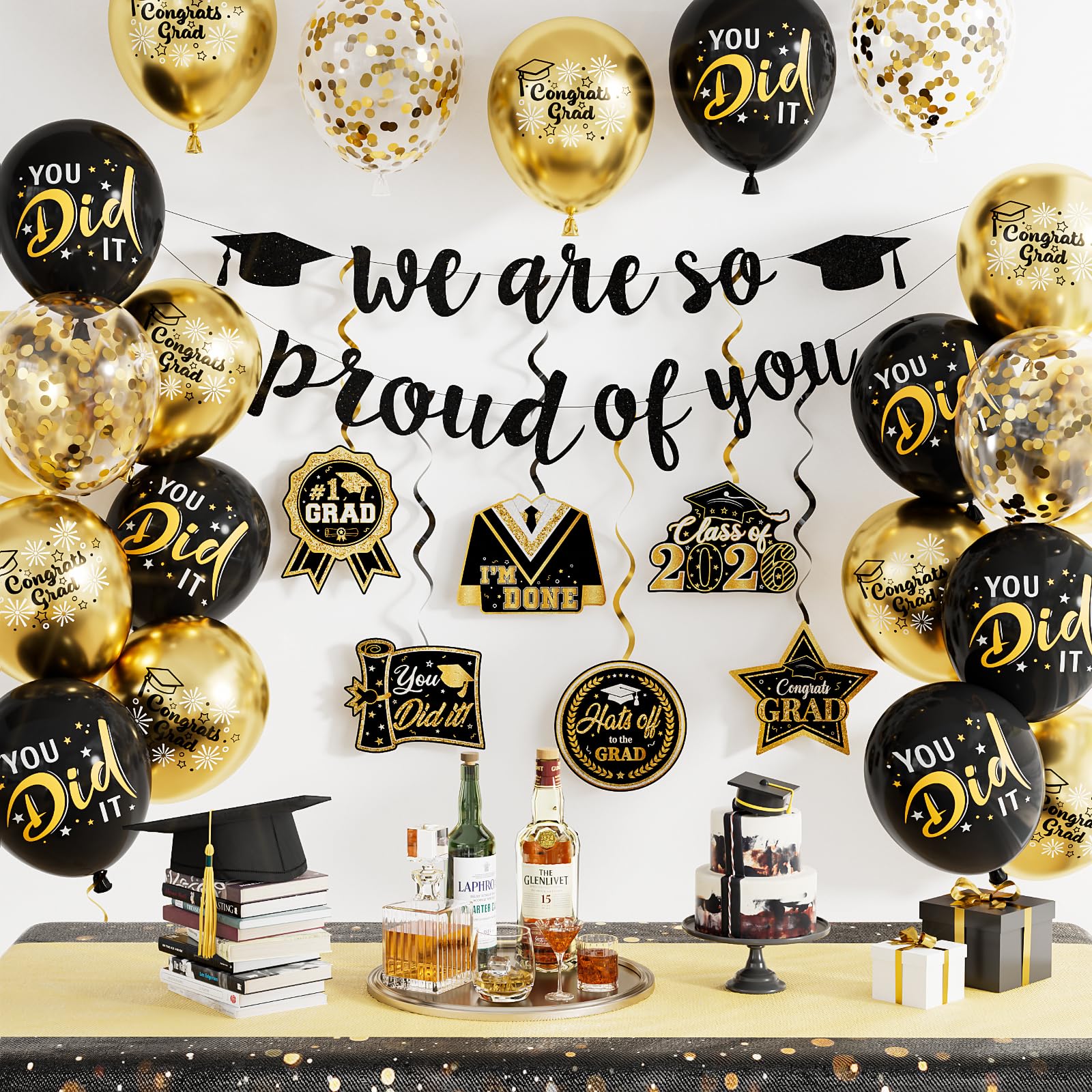 Adeyoo 2026 Graduation Decorations - Graduation Party Decorations with We Are So Proud of You Banner Hanging Swirls, Black and Gold Print Balloons for Graduations Class of 2026 Leavers Party Supplies