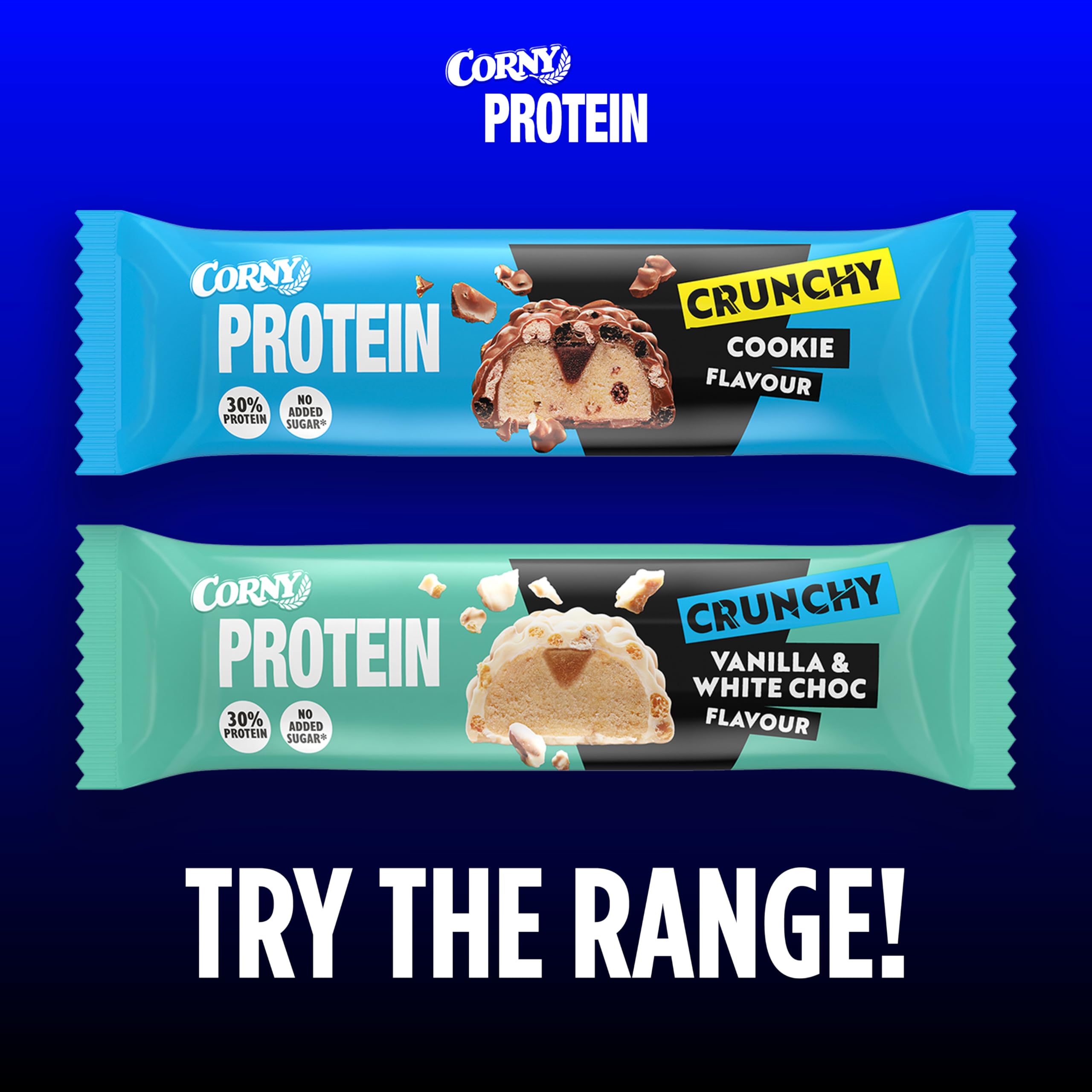 CORNY Protein Crunchy Cioccolato Bianco e Vaniglia, Barretta Proteica Senza Zuccheri Aggiunti*, 12 Barrette x 45g (Confezione da 2)