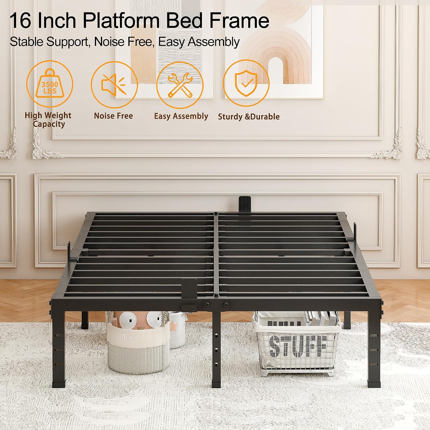 FUIOBYVV Full Bed Frames,16 Inch Heavy Duty Metal Platform Bed Frame Full Size Support Up to 3500 lbs,No Box Spring Needed,Headboard Compatible,Steel Slat Support,Noise Free,Easy Assembly