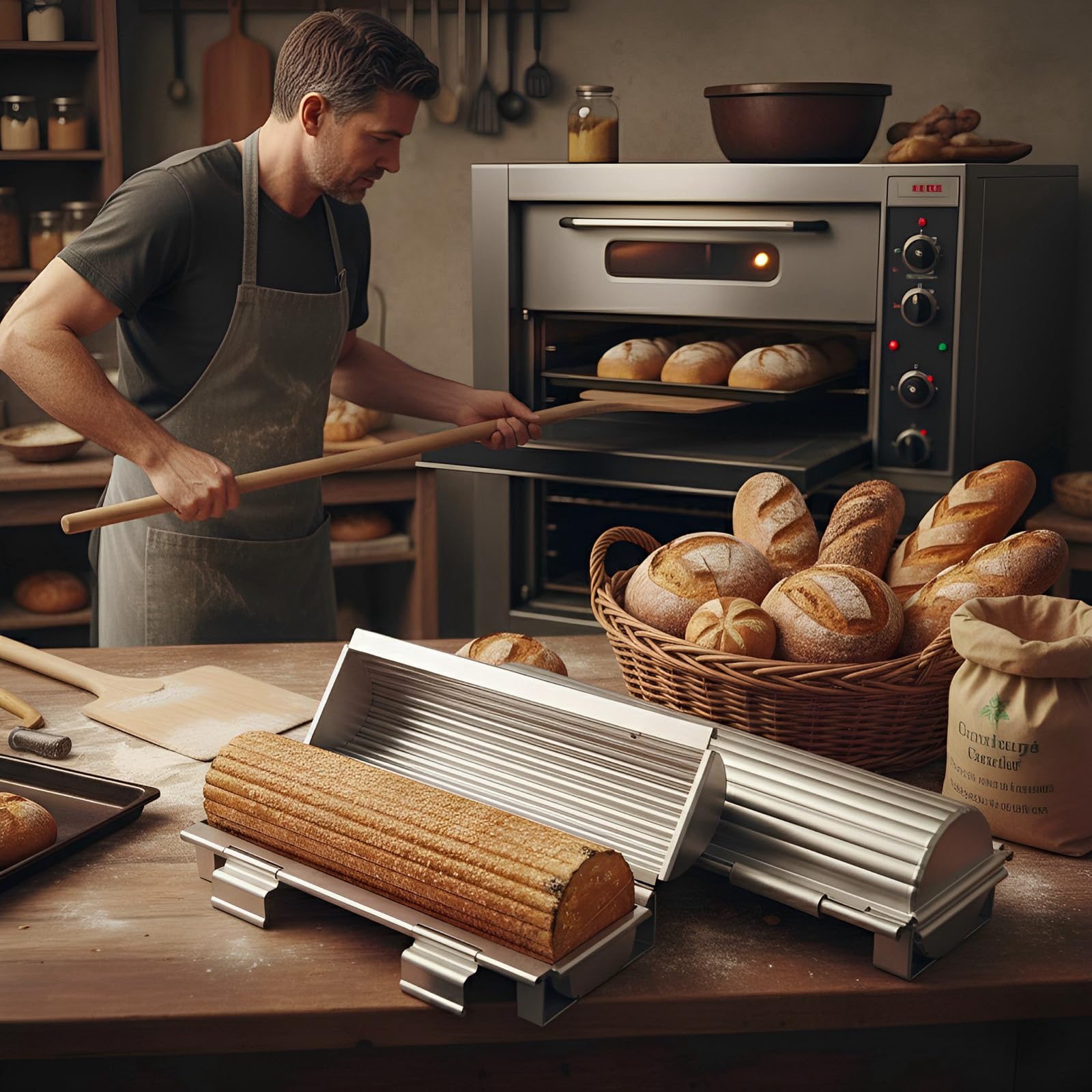 Brotbackform aus Aluminiumlegierung, 30,5 cm, antihaftbeschichtet, gewellt, rund, mit Klappdeckel, 3 mm Entlüftung, offenes Schließen, Backen für Ofen, Silber