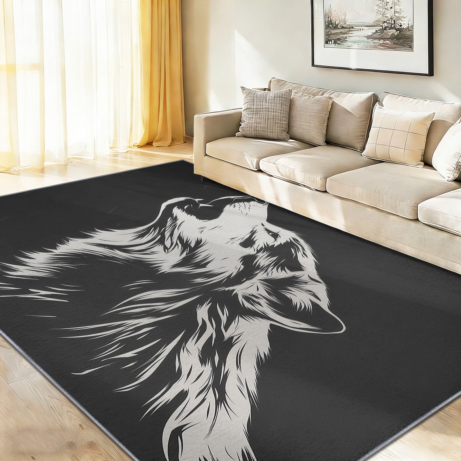 Noir Tapis Imprimé Lavable 90 x 150 cm Motifs Minimaliste Rayé Animal Loup, Tapis Doux à Poils Courts avec Dos en Caoutchouc Antidérapant, Moquette pour Décor de Chambre à Coucher Salon