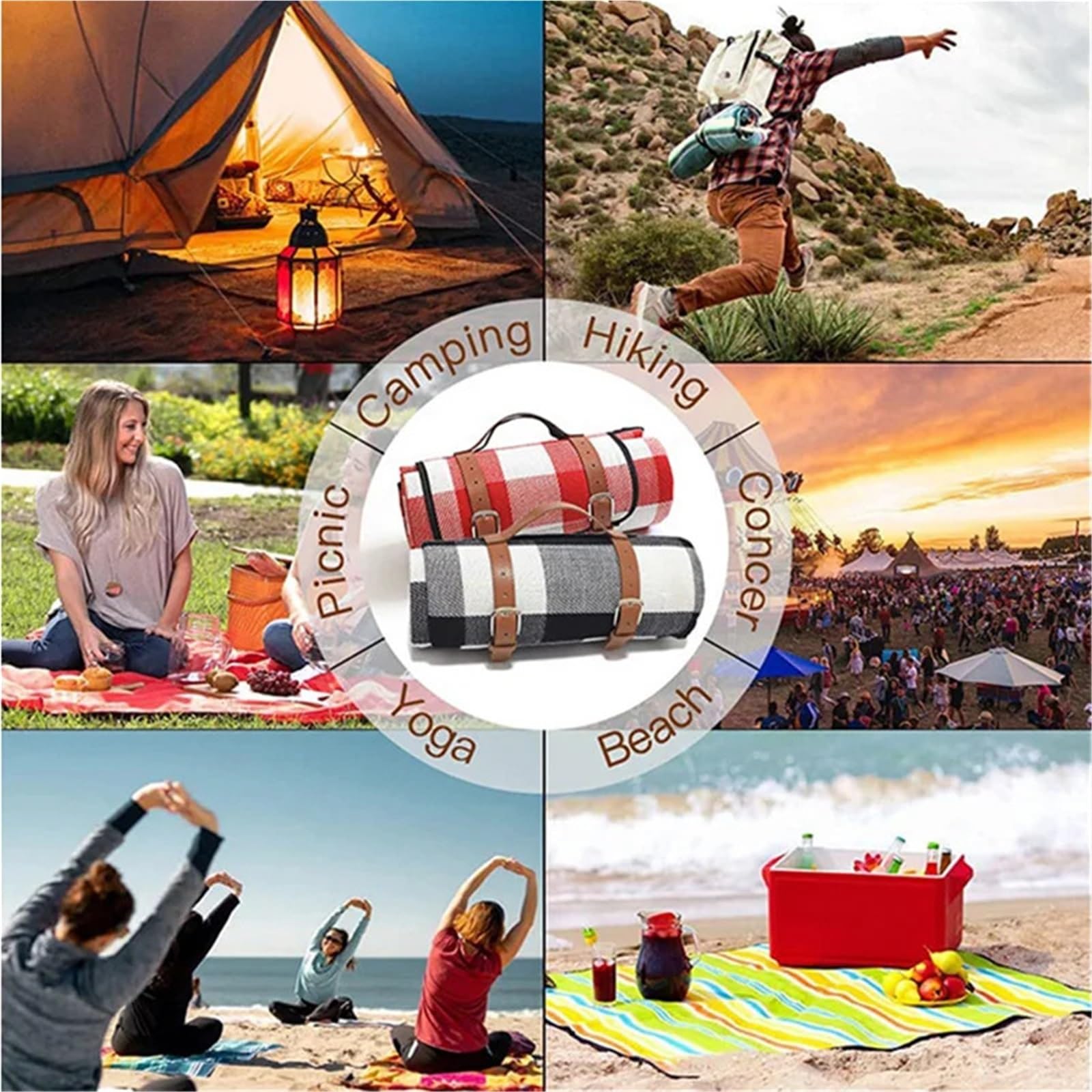Stuoia Spiaggia Coperte da Picnic all'aperto 200x200cm, tappetini da Campeggio Pieghevoli con Manico in Pelle, Impermeabili, Accessori da Campeggio for la Spiaggia(Black,200cmx200cm)