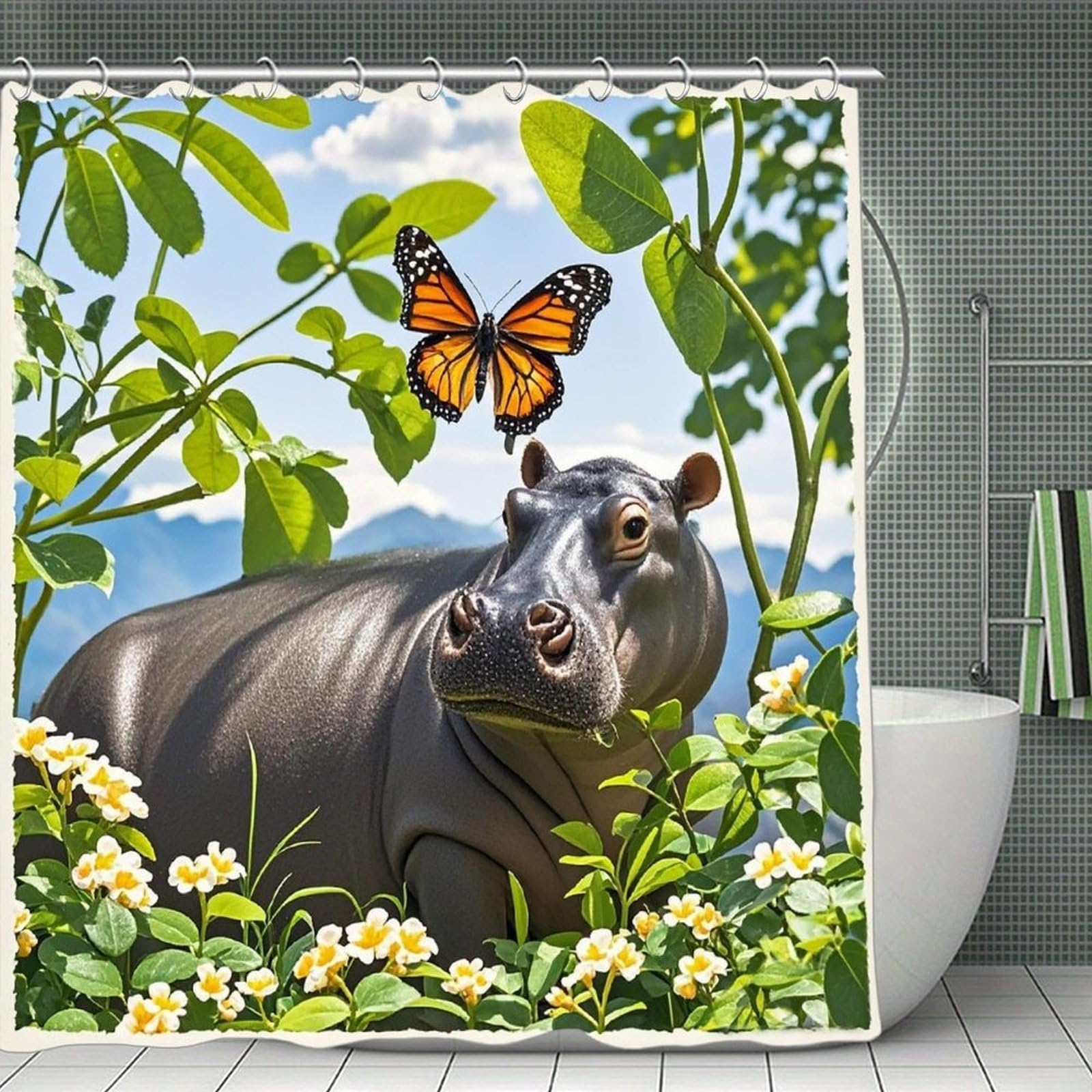FekiLoot Butterfly and Hippo Shower Curtain Minimalist Aesthetic Bath Curtain with Hooks Simple Water Resistant Bathroom Shower Curtains Cute Blackout Privacy Curtains Cloth Curtain