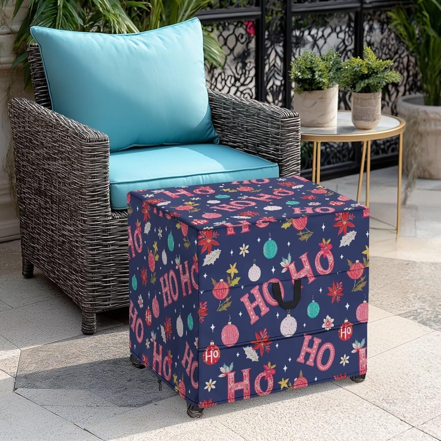 Christmas Decor Outdoor Ottoman Cover Square Patio Ottoman Covers Ho Ho Ho Print Foot Stool Cover Heavy Duty Patio Furniture Protector