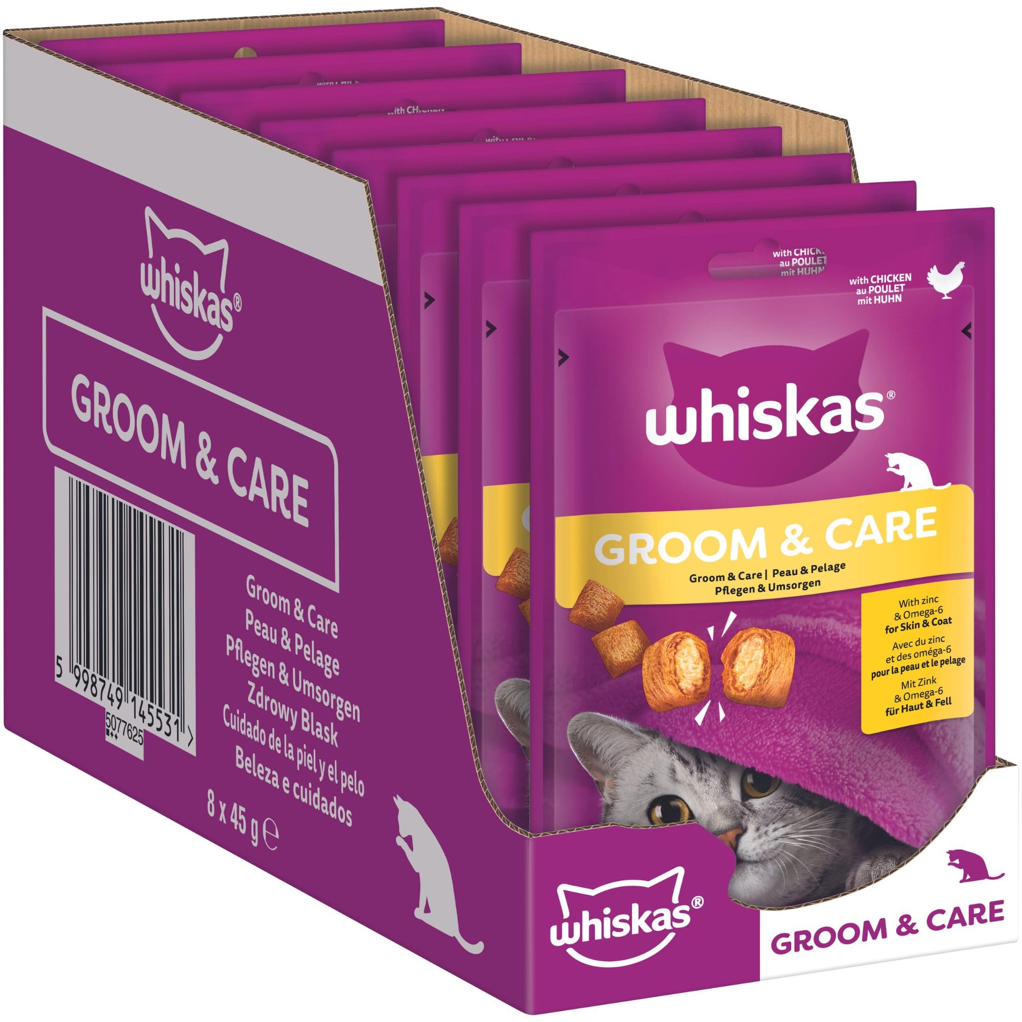 Whiskas Groom & Care Katzensnacks im Portionsbeutel für ausgewachsene Katzen mit Huhn 8x45g