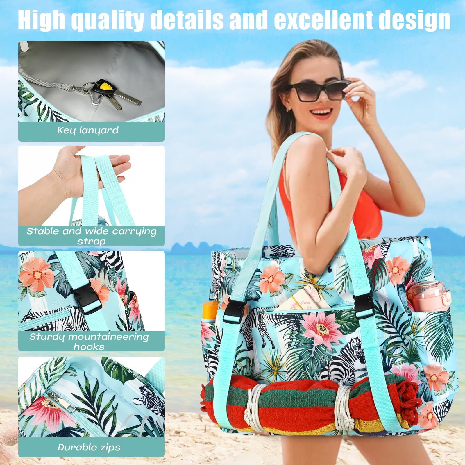 Myhozee Borsa da spiaggia XXL Famiglia Borsa da bagno impermeabile Donna Borsa da spiaggia grande con cerniera e tracolla per coperta da spiaggia, piscina estiva Sauna Borsa Tote Borsa Sopper