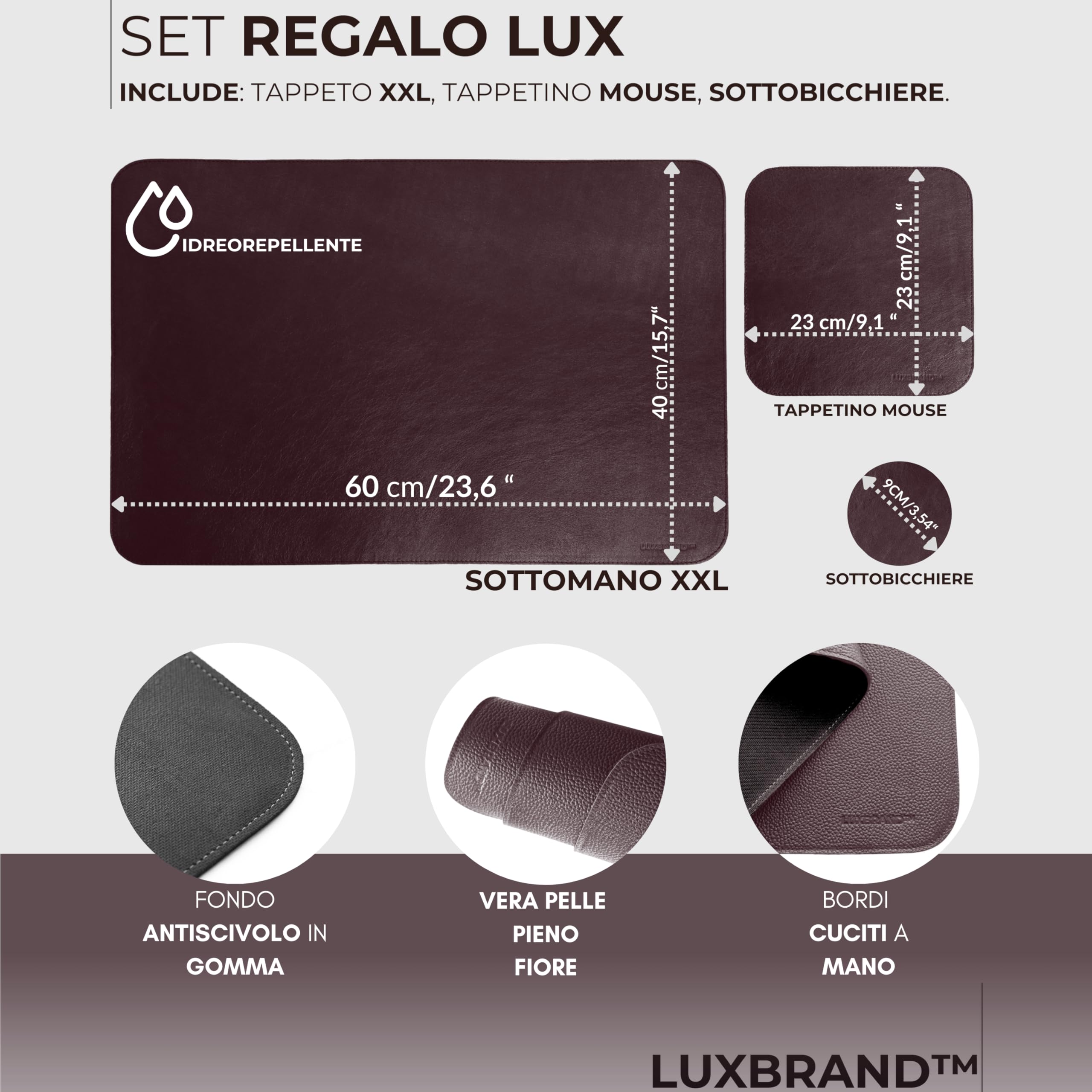 Set Tappetini da Scrivania in Vera Pelle 2 Pezzi XXL Mouse Pad Sottomano Ufficio Marrone