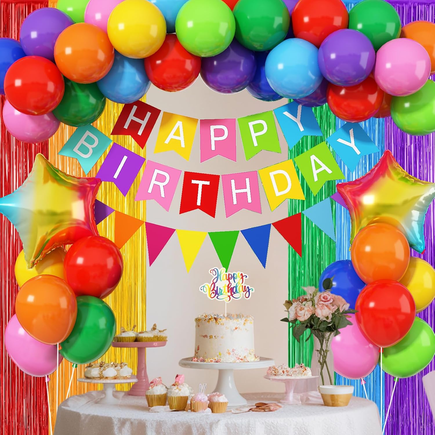 Rainbow Birthday Decorations for Kids, Colorful Party Decor Assorted Color Latex Foil Balloons Fringe Backdrop Happy Birthday Banner Cake Toppers for Boys Girls Carnival Circus Party Supplies - Image 7