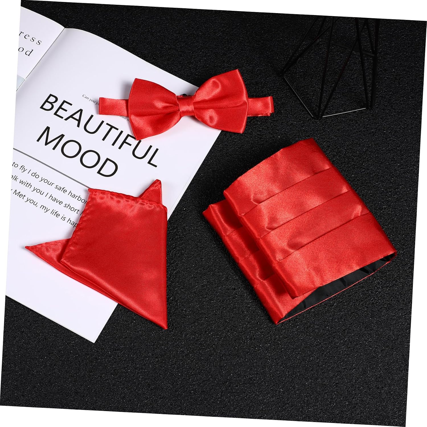 VICASKY 3PCS Red Men Cummerbund Bow Tie Set Silk Classic Ties for Men Set Formal Pocket Square Cufflink Check Plaid Satin Tie Set Solid Ties Mens Necktie + Pocket Square