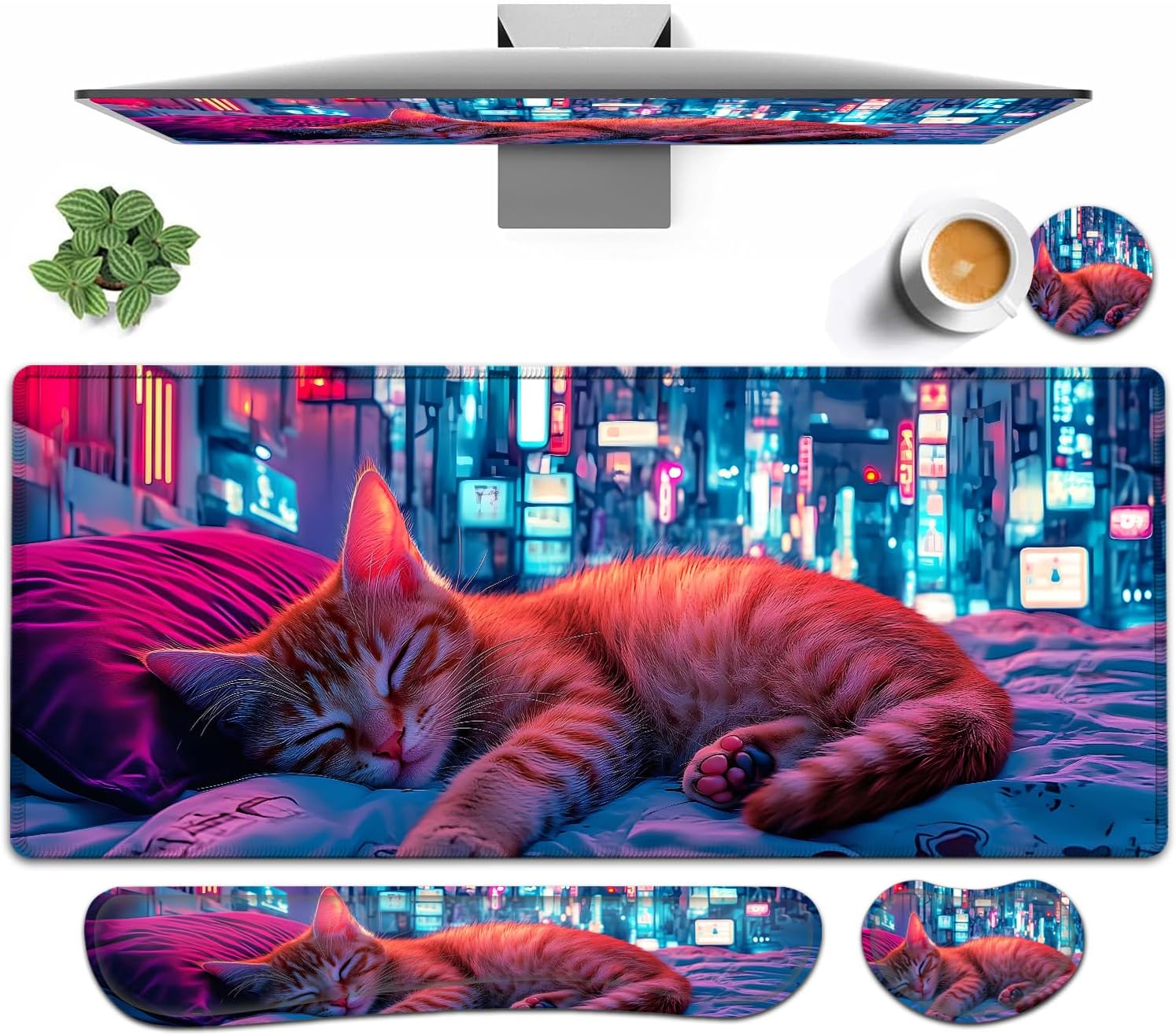 Large Mouse pad and Keyboard Support Set, Ergonomic Memory Foam Keyboard Wrist Rest, Extended Gaming Mouse Pad with Stitched Edges, Fall Pumpkins and Bird XXL Desk Mat (31.5 X 11.8 in)