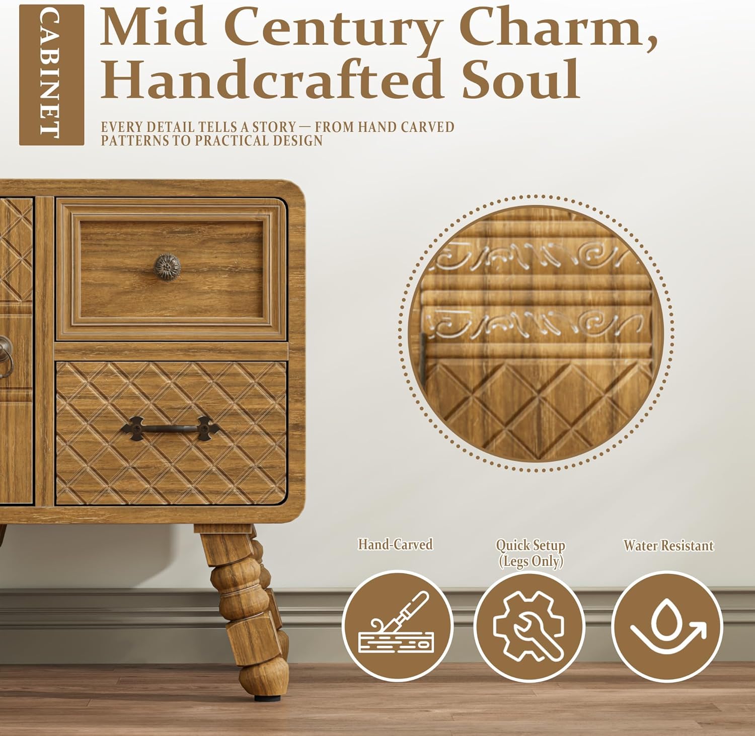 BREEZEHEAT Mid Century Modern Nightstand, Fully Assembled Vintage Wood Bedside Table with 2 Drawers, Solid Pine Wood Legs, Hand-Carved, Curved Table Top, End Table for Small Spaces, Bedroom