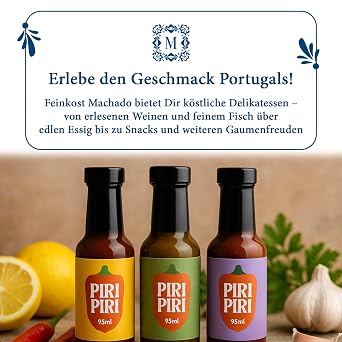 Feinkost Machado 2 x Piri Piri Portugal (95 ml each) hot chilli sauce from Cayenne & Habanero chili peppers authentic spice from Portugal ideal as marinade dip and barbecue seasoning