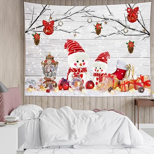 Miniatura 3 de HVEST Tapiz navideño de muñeco de nieve para colgar en la pared, lindo muñeco de nieve y árbol con bola de Navidad sobre fondo de tablero gris,