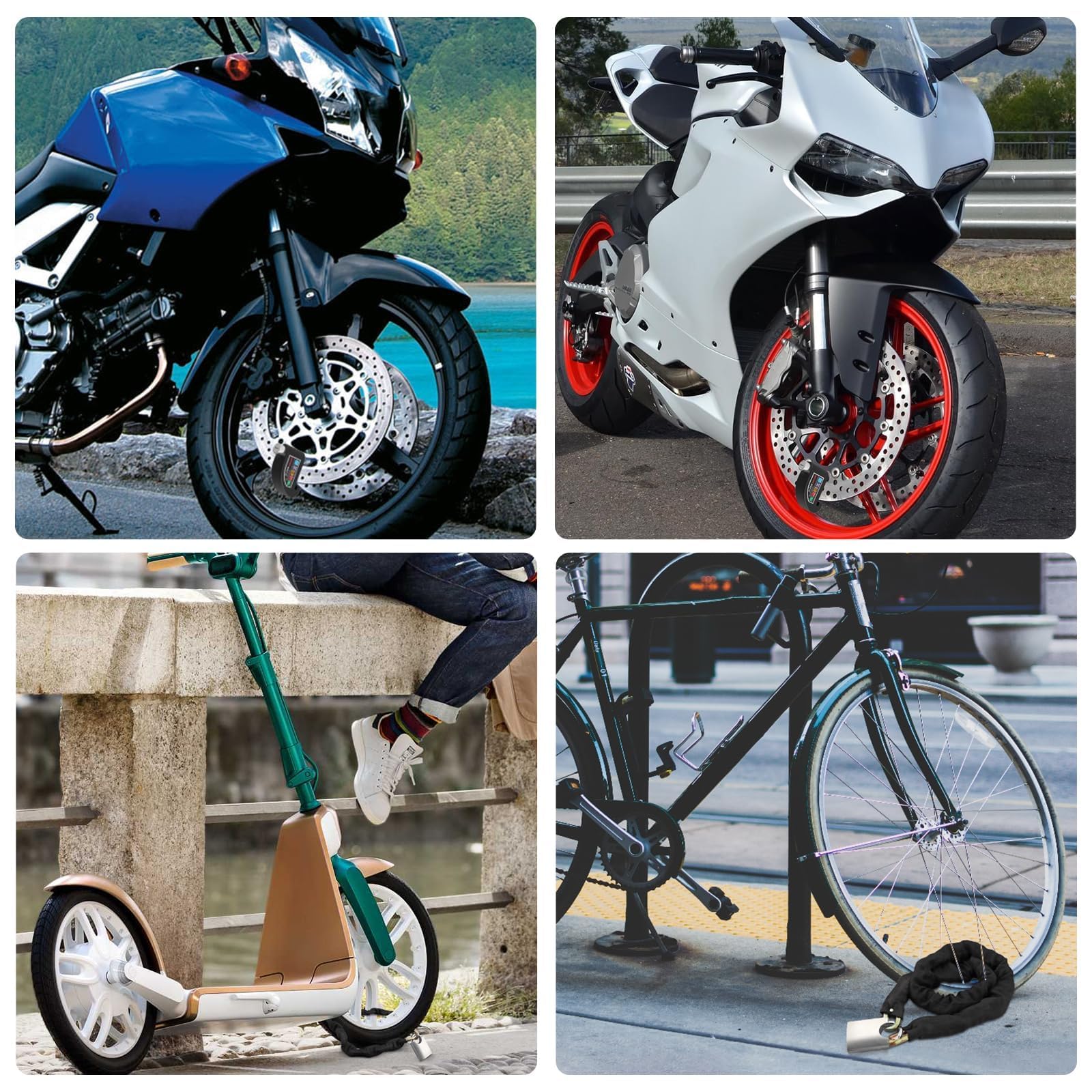 Justech Blokada motocykla Zamek łańcucha rowerowego kłódka + alarm motocyklowy Blokada tarczy Dwa tryby blokady hamulca tarczowego 110 dB
