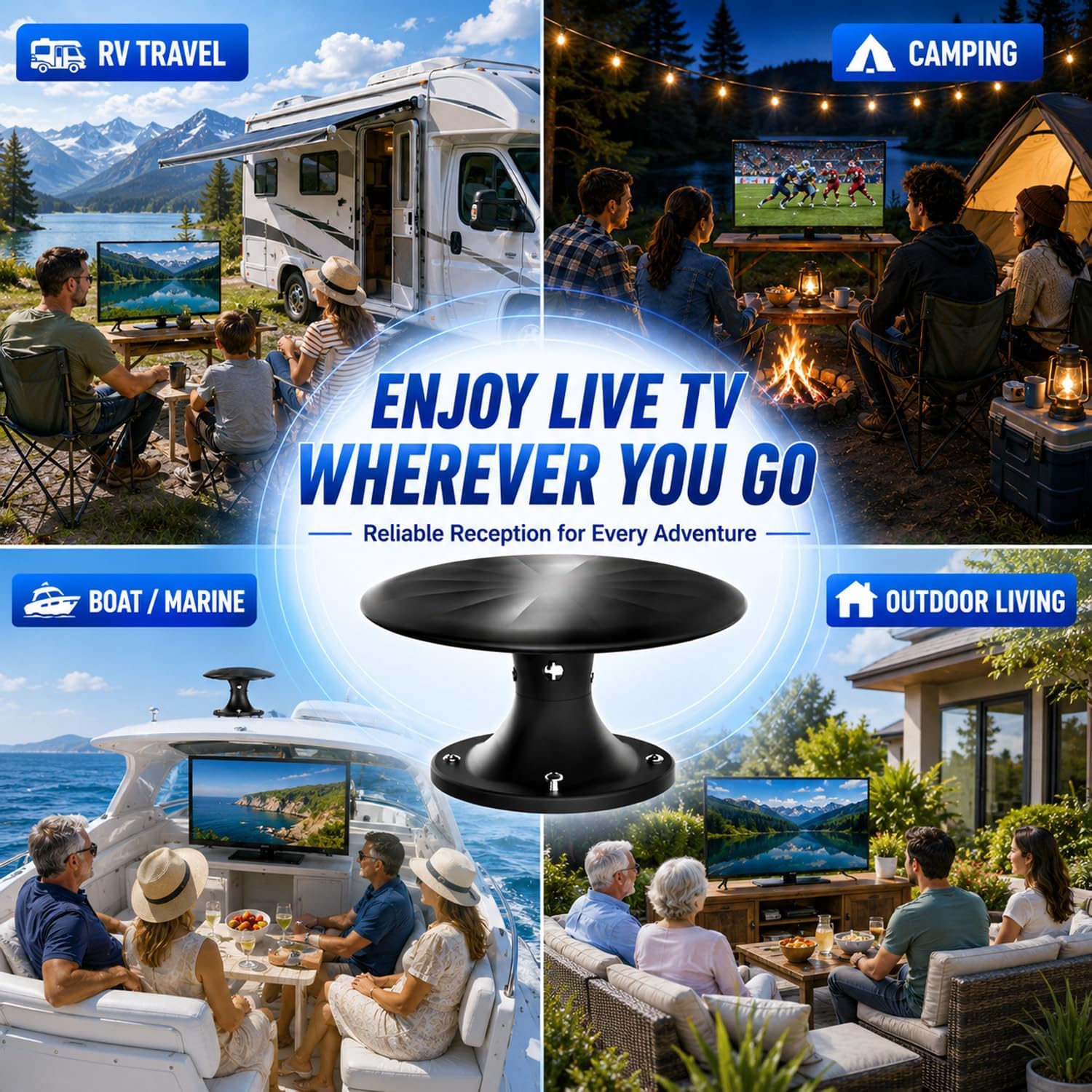 RV TV Antenna Roof Mounted, HDTV Antenna for Camper Motorhome & Travel Trailer, Built-in Signal Amplifier, UHF VHF OTA Reception, 4K 1080P Ready, 32.8ft Coaxial Cable