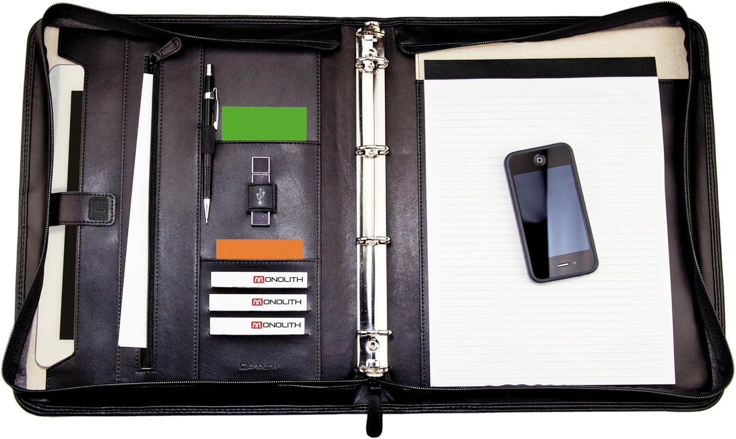 Monolith A4 Leather Conference Folder Zipped - Black