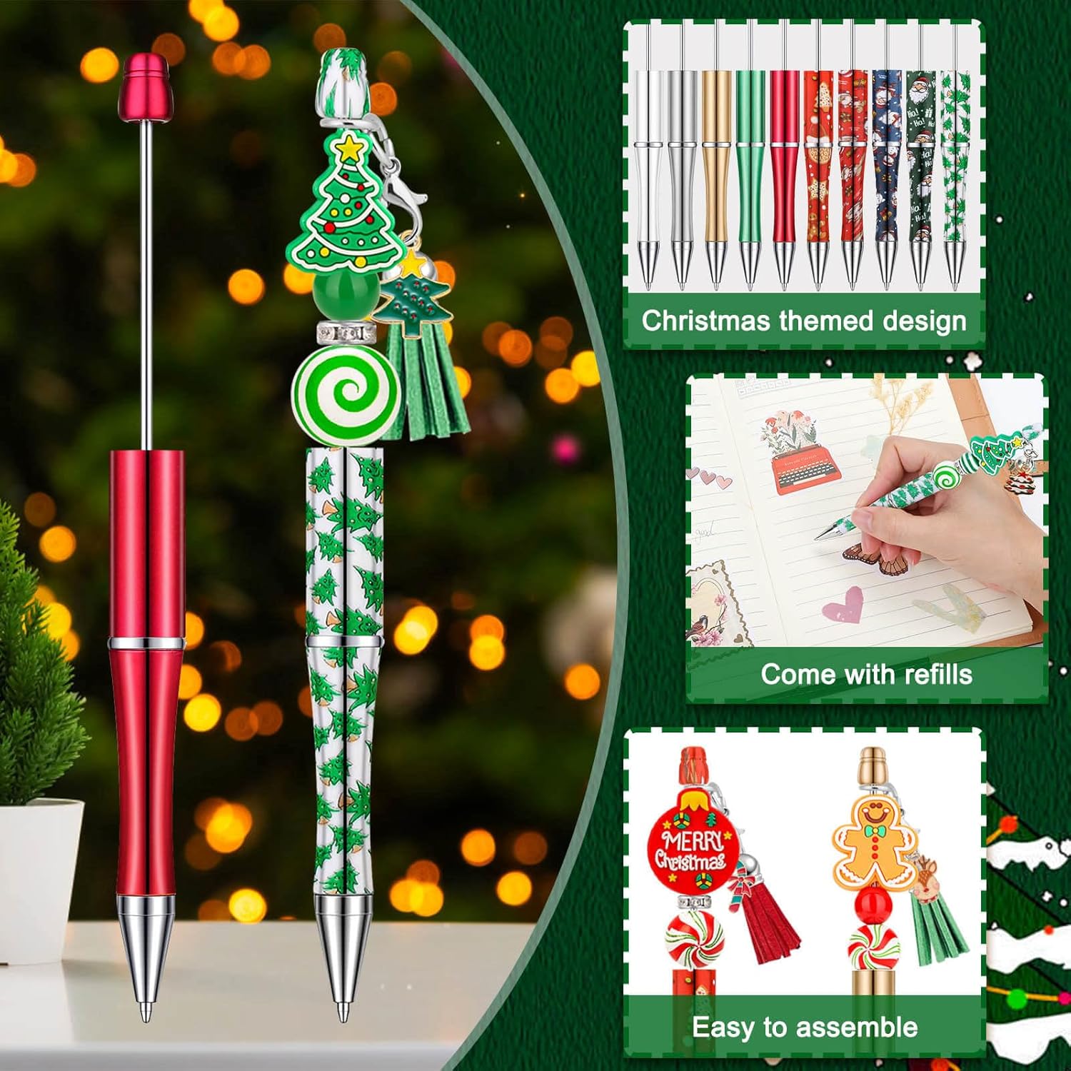 Thrilez 387 Pcs Christmas Beadable Pens Kit, DIY Christmas Beadable Pen Bulk Includes Beaded pens, Focal Beads, Acrylic Beads, Charms and Pen Bags for Christmas Gifts