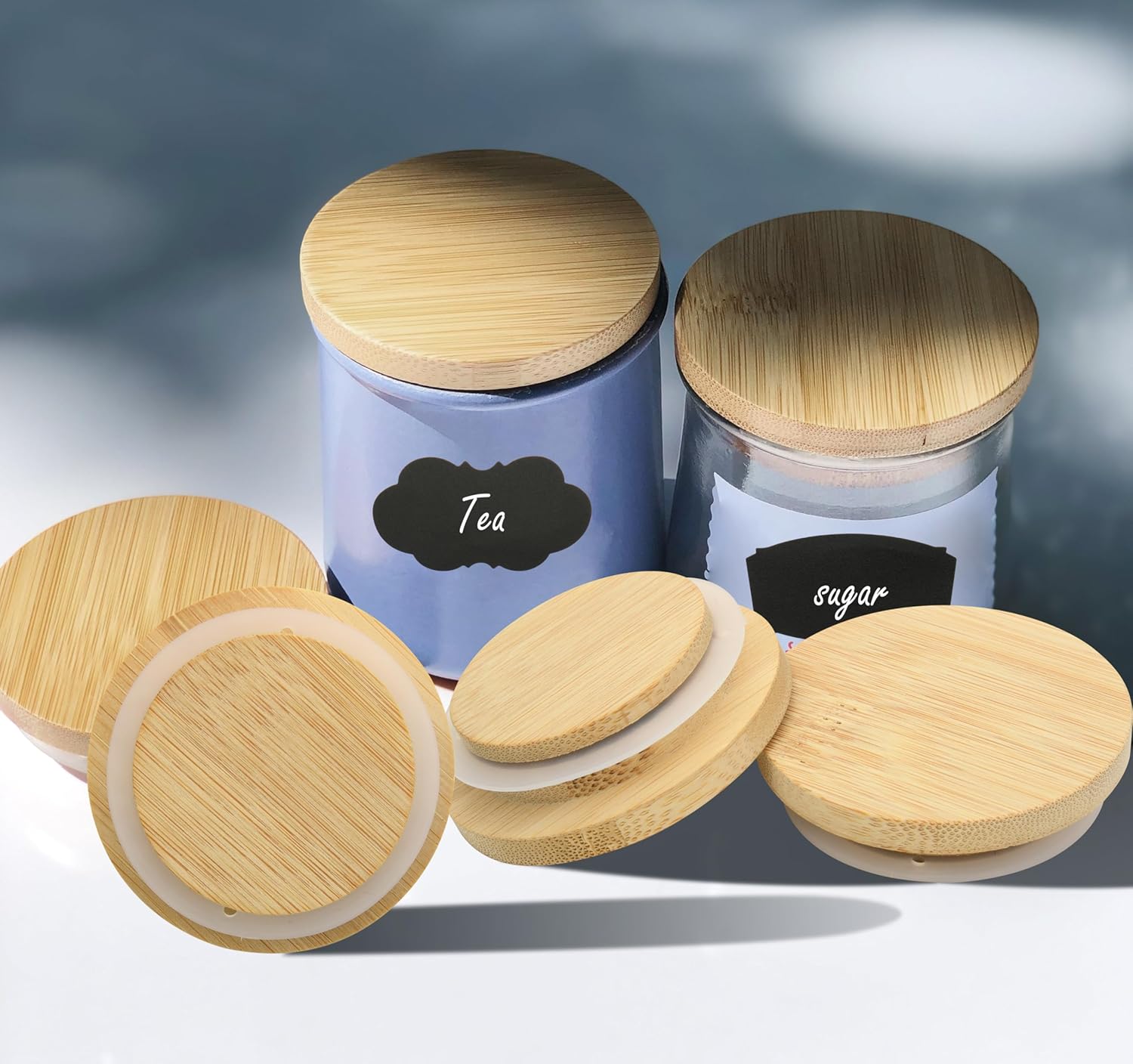 Beautyflier 12 Pack Yogurt Jar Bamboo Wood Lids for Oui 5 Oz Yogurt Jars, Reusable Canning Covers with Silicone Sealing Rings and Bottle Labe, for Kitchen Food Storage (Jar Not Included)