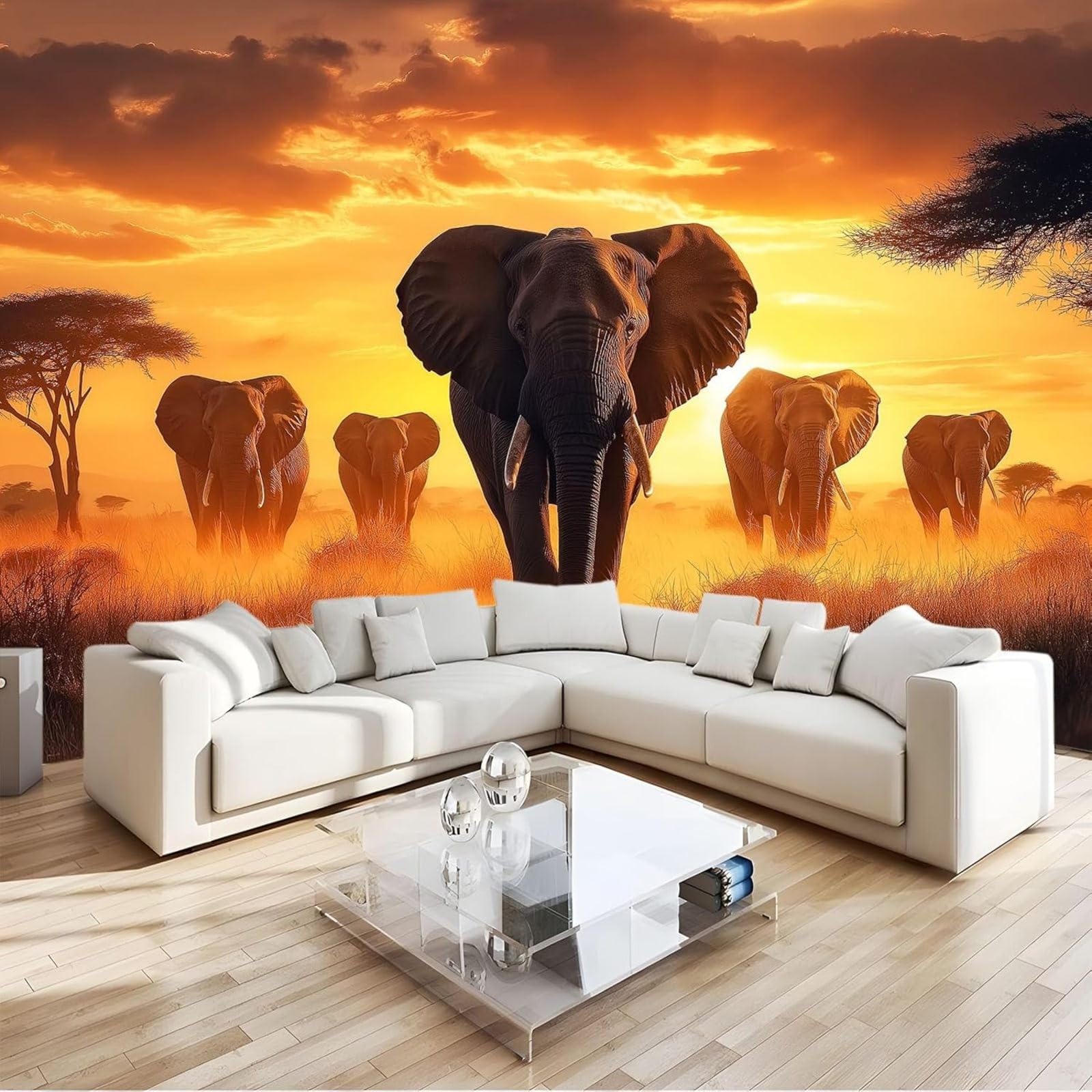 hgjdjhnf Photo Wallpaper African Grassland Elephants, Non-Woven Wallpaper, wall Mural, Modern wall Wallpaper for Bedroom, Living Room, Orange, 300cm x 210cm, Stickers - Frameless Painting - Poster