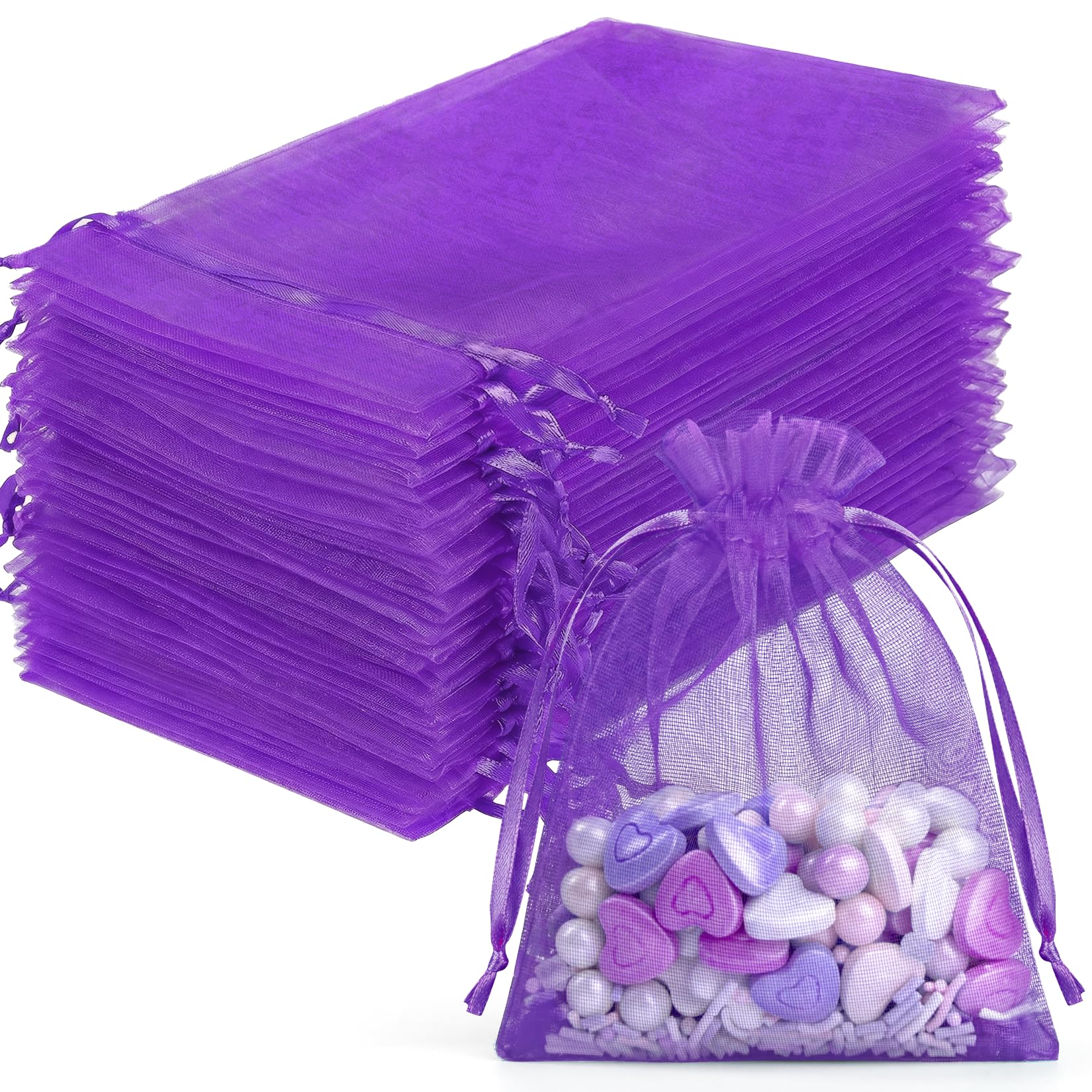FUNFERY 100 Pcs Purple Organza Bags 3x4 in, Small Mesh Drawstring Gift Bags for Sachet, Jewelry, Candy, Wedding Favor, Easter Day