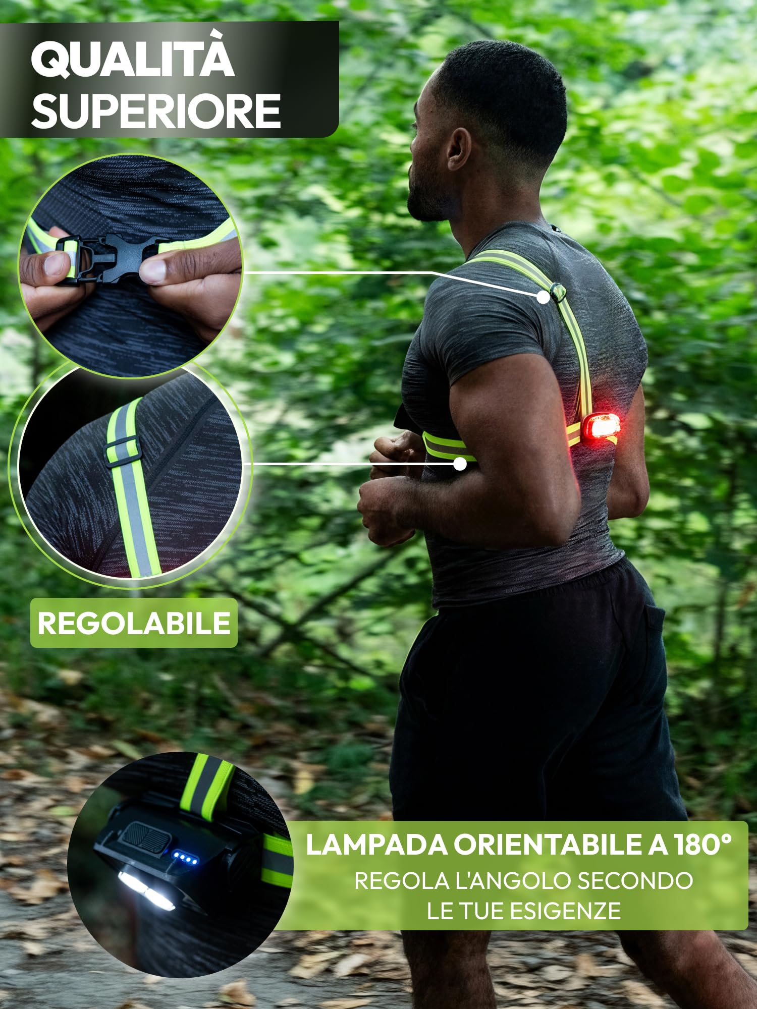 Lampada Pettorale Running LED Ricaricabile – Visibilità 360° Anteriore e Posteriore – Imbracatura Leggera Regolabile – Sicurezza Notturna per Corsa, Camminata e Bici