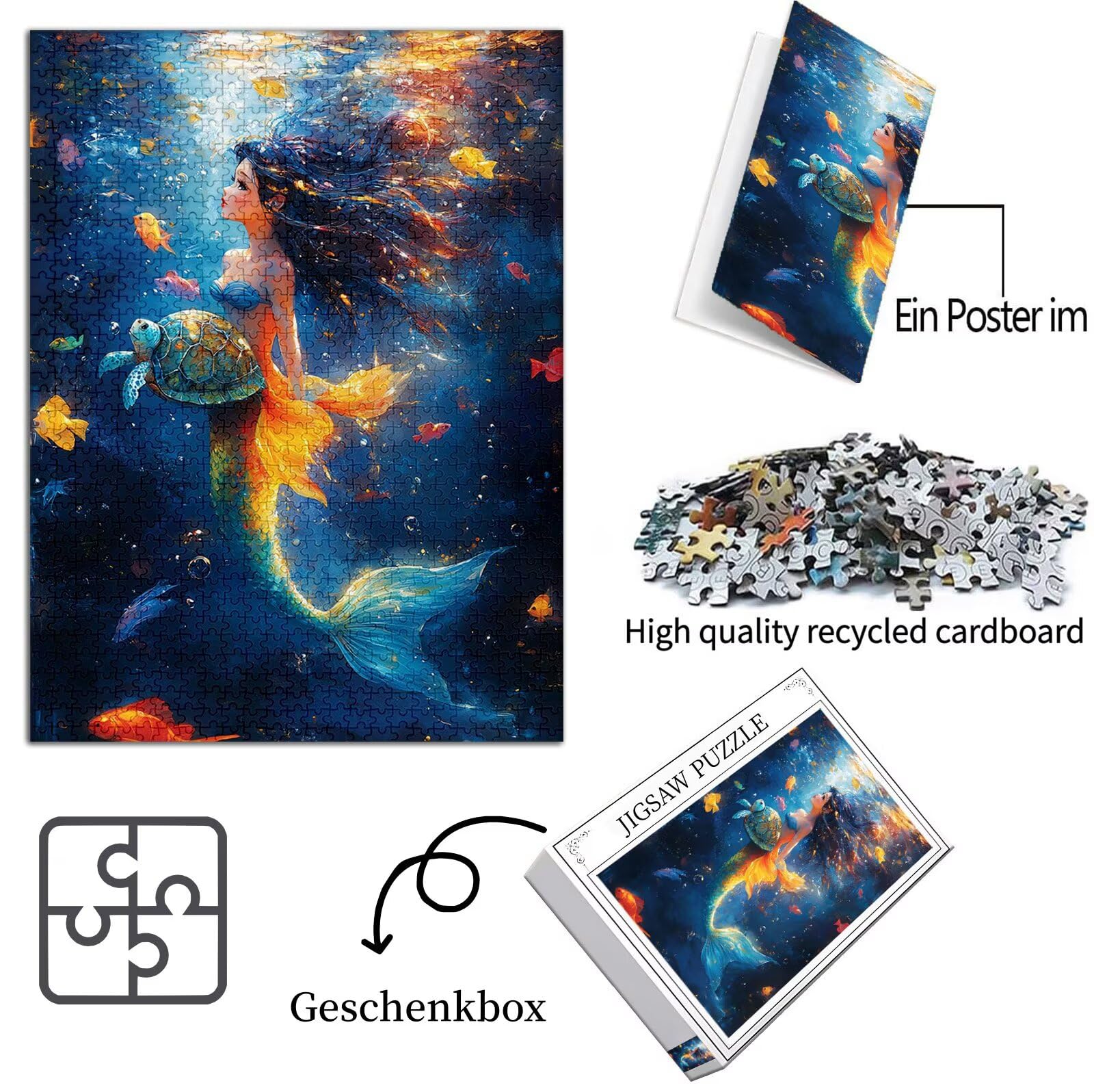 Sirena Puzzle 1500 Pezzi Grandi Dimensioni per Adulti, Puzzle Tartaruga marina Motivo Progettazione con Compact Box e Poster Incluso per Home Room Wall Decor, Men Gifts, Legna Jigsaw 87x57cm, Model629