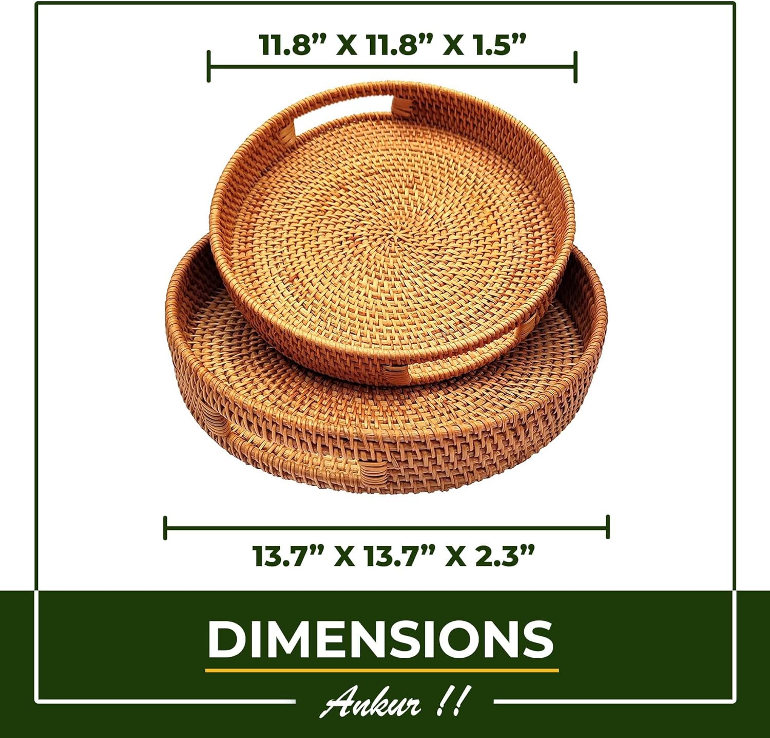 ANKUR Round Rattan Serving Tray with Handles- Decorative Woven Ottoman Trays with Handle,Coffee Table Basket,Natural Basket Wave Tray, Bathroom Decor (L- 13.7 Inch & M- 11.8 Inch)