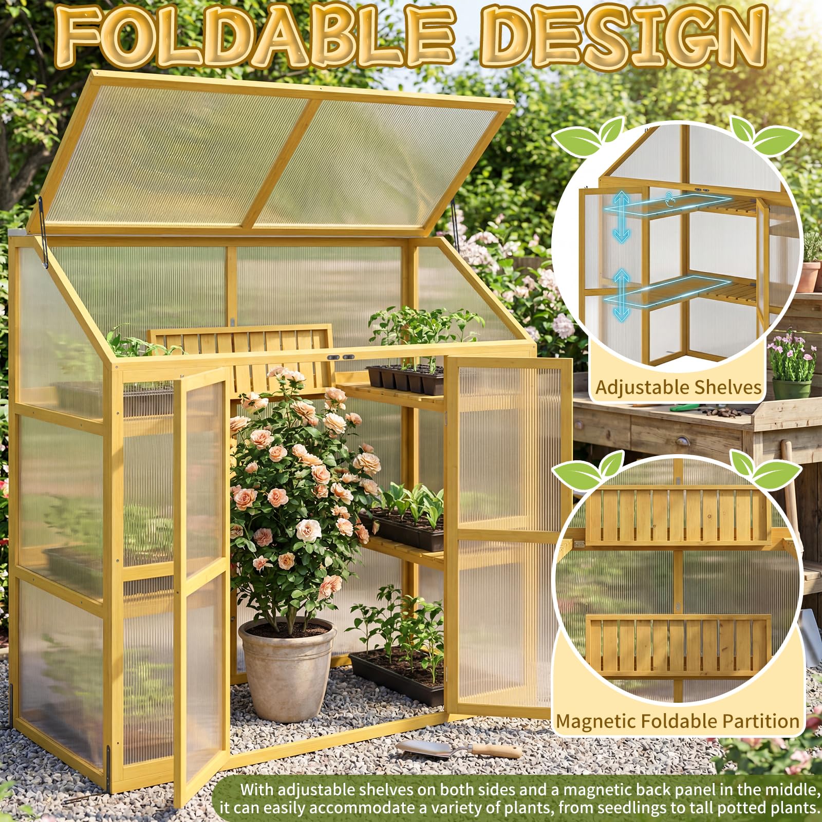 Invernadero de madera con marco frío con techo transparente abatible, armario de invernadero de madera maciza, protección de plantas de flores elevadas para exteriores e interiores, natural