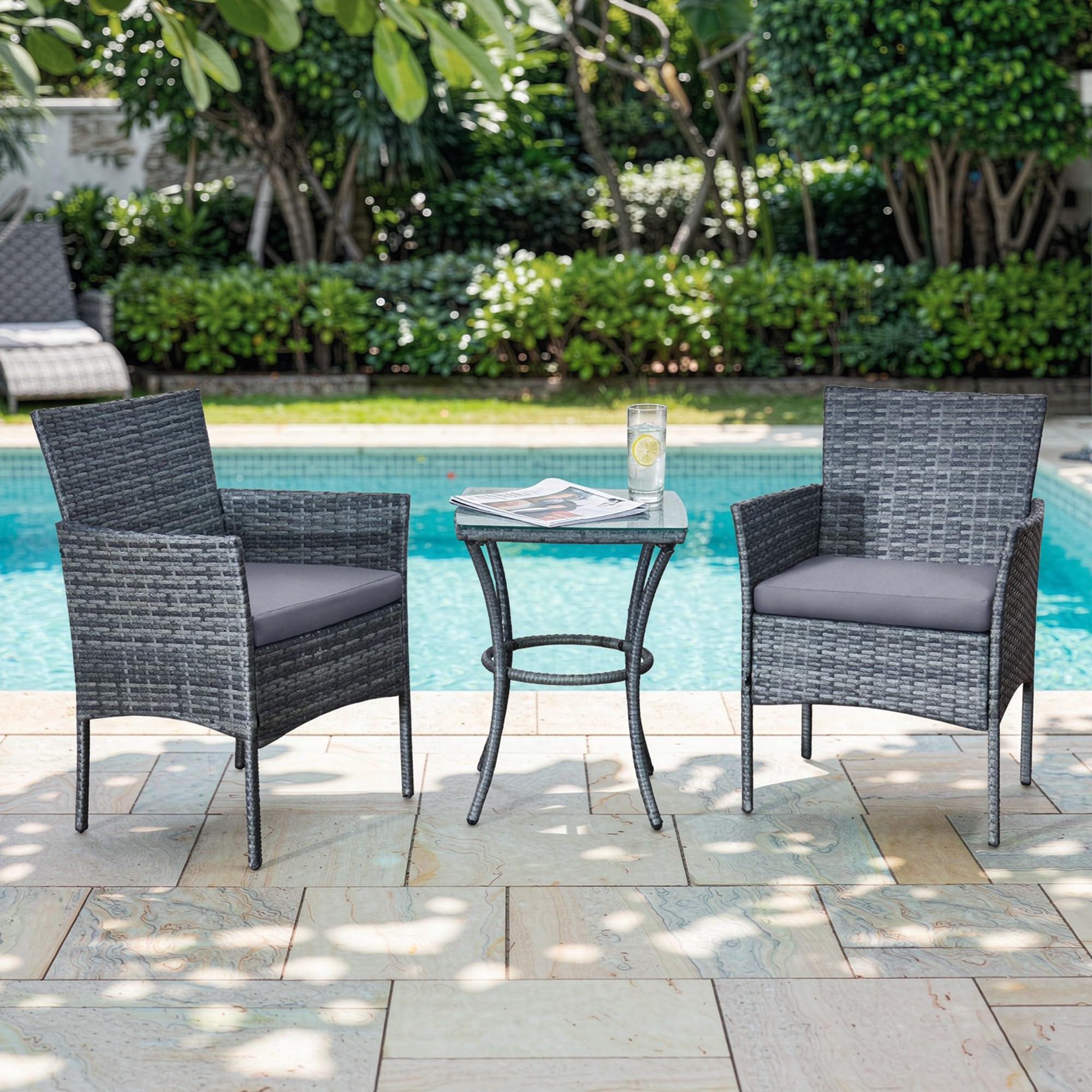 Yaangagpe 3 Pieces Rattan Bistro Set for 2 Garden Table and Chairs Grey