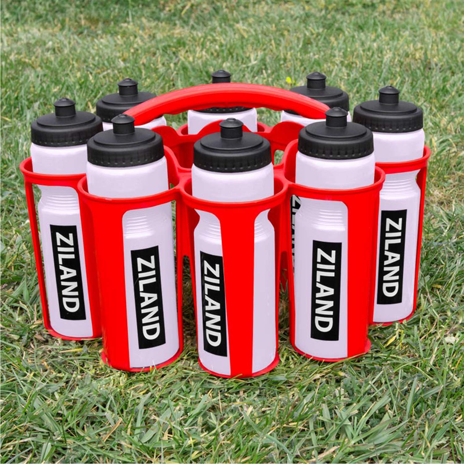 Ziland Academy Easy Squeeze Water Bottle Set - [8 x 700ml Bottles 1 x Carrier] [Choose Your Colour] Designed for Sport Teams (Clear - Red Carrier)