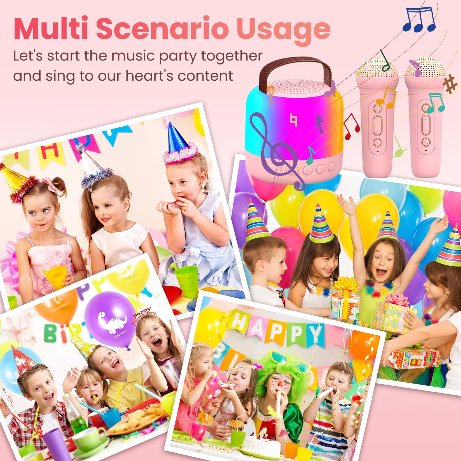 AIUNAOM Karaoke per Bambini con 2 Microfoni Senza Fili Bluetooth, Regalo Bambina 3-12 Anni, Luci LED ed Effetti di Cambio Voce Macchina per Karaoke Portatile Regalo Ragazza e Ragazzi Giocattoli