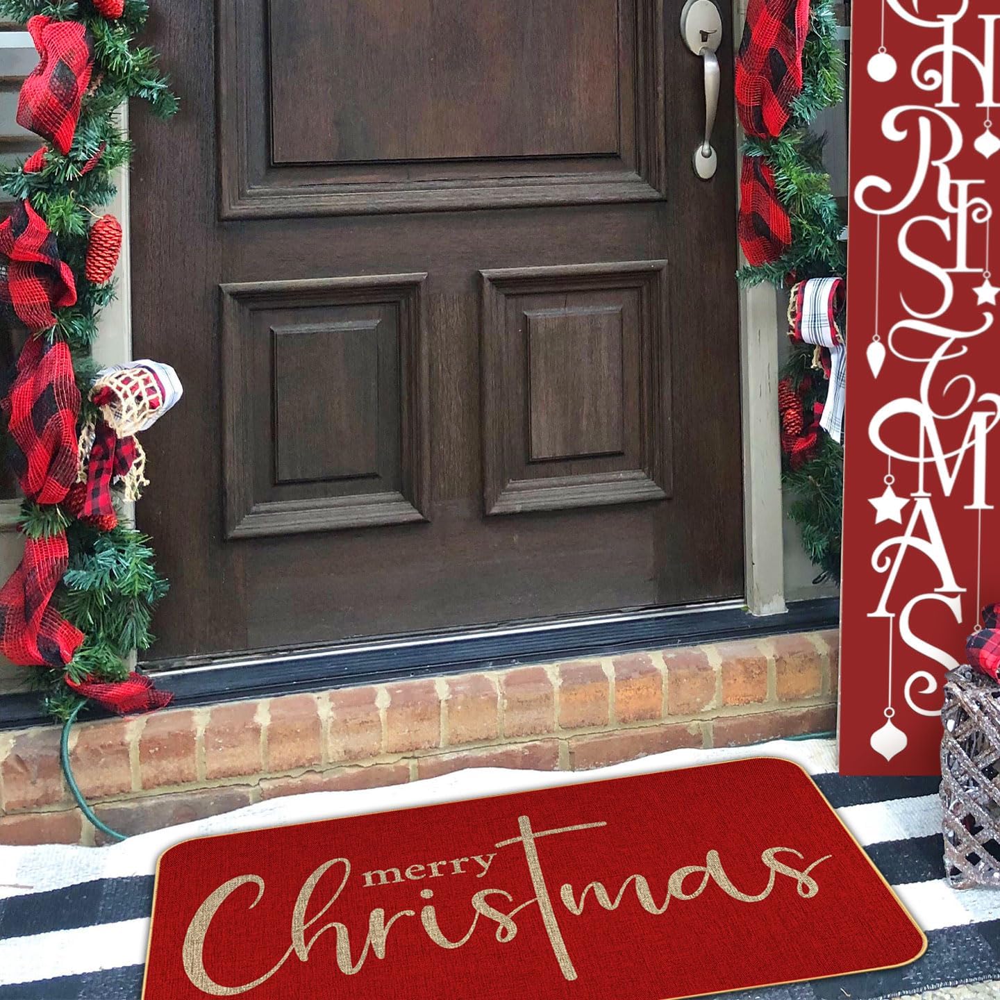 Red Merry Christmas Welcome Decorative Doormat, Seasonal Winter Low-Profile Floor Rug for Indoor Outdoor 17x29 Inch