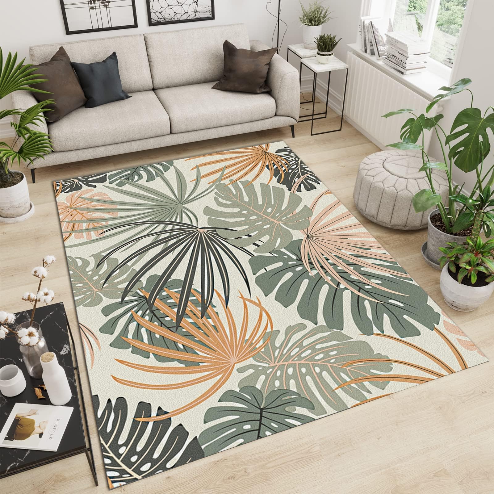 Tapis abstrait feuilles de palmier lavable en machine pour entrée sans tache