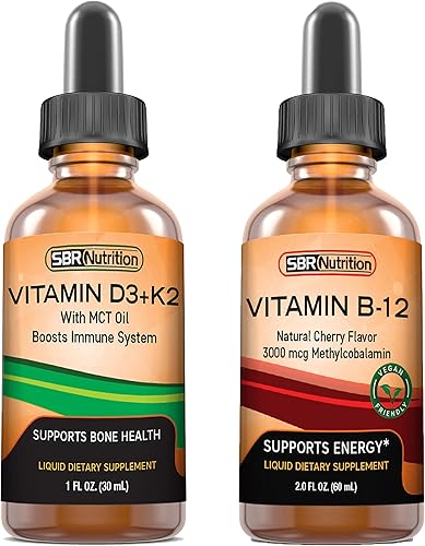 SBR Nutrition D3+K2 y B12 Bundle Vitamina D3K2 (MK7) gotas líquidas, menta 1 oz | Vitamina B-12 3000mcg gotas líquidas, 2 oz | para adultos y niños