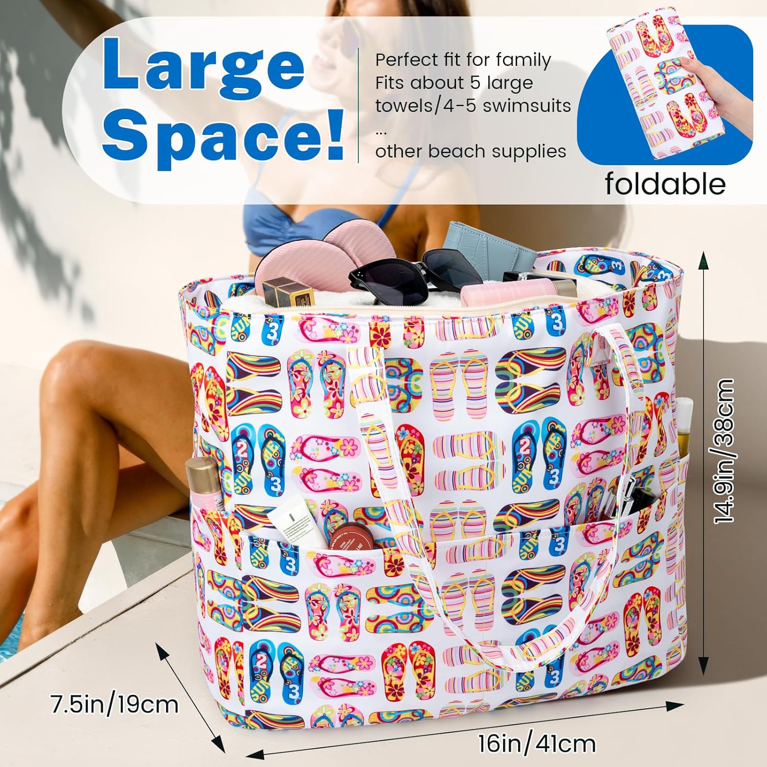 Iioscre Beach Bag for Women, Large Beach Tote Bag with Zipper Pockets, Waterproof Sandproof Swim Bag Pool Vacation Travel - Image 3